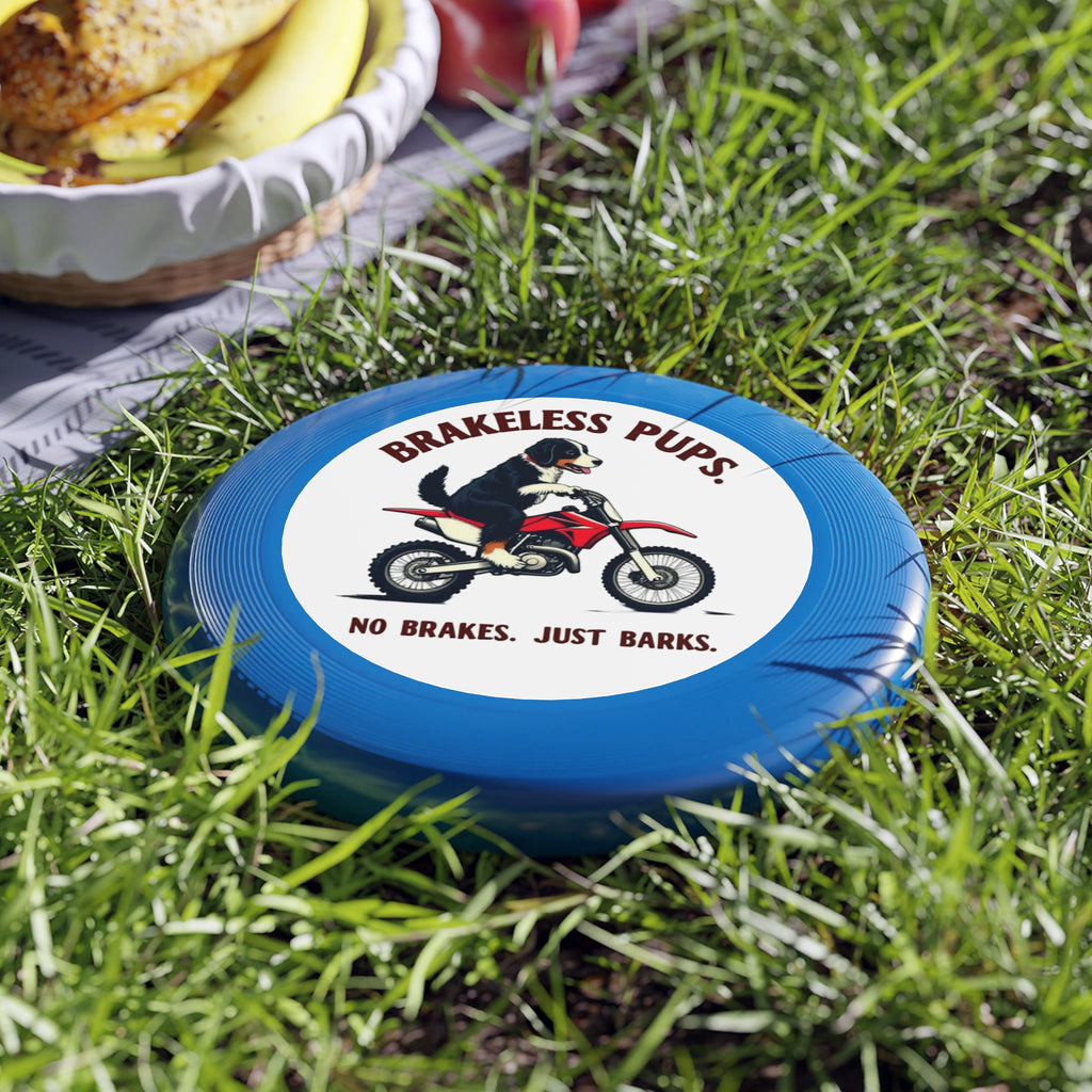 Brakeless Pups Frisbee — Funny Dog Motorcycle Disc, "No Brakes. Just Barks." Outdoor Toss Toy