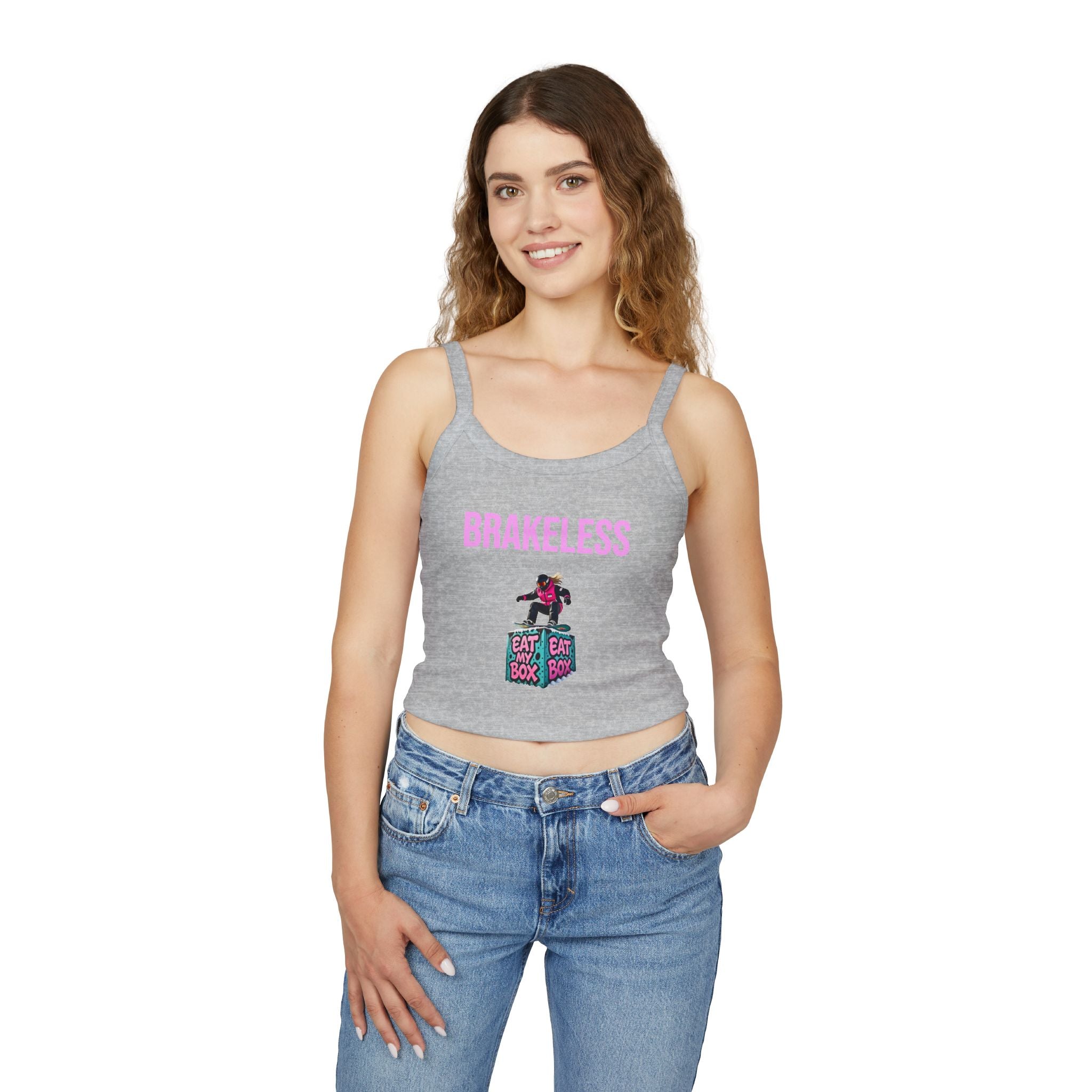 Brakeless Crop Tank — 'Brakeless' Graphic Spaghetti Strap Tank Top with Eat My Box Design