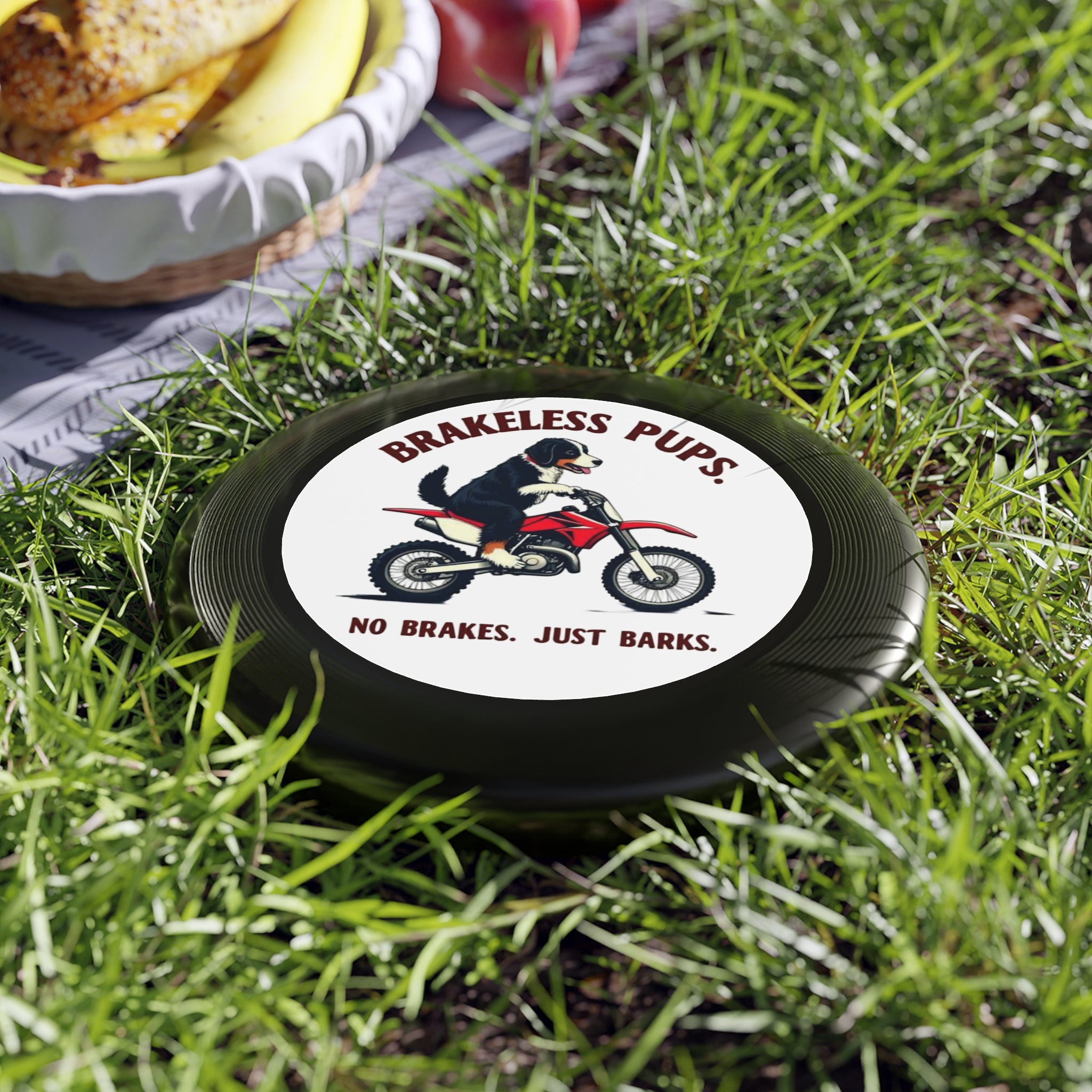 Brakeless Pups Frisbee — Funny Dog Motorcycle Disc, "No Brakes. Just Barks." Outdoor Toss Toy