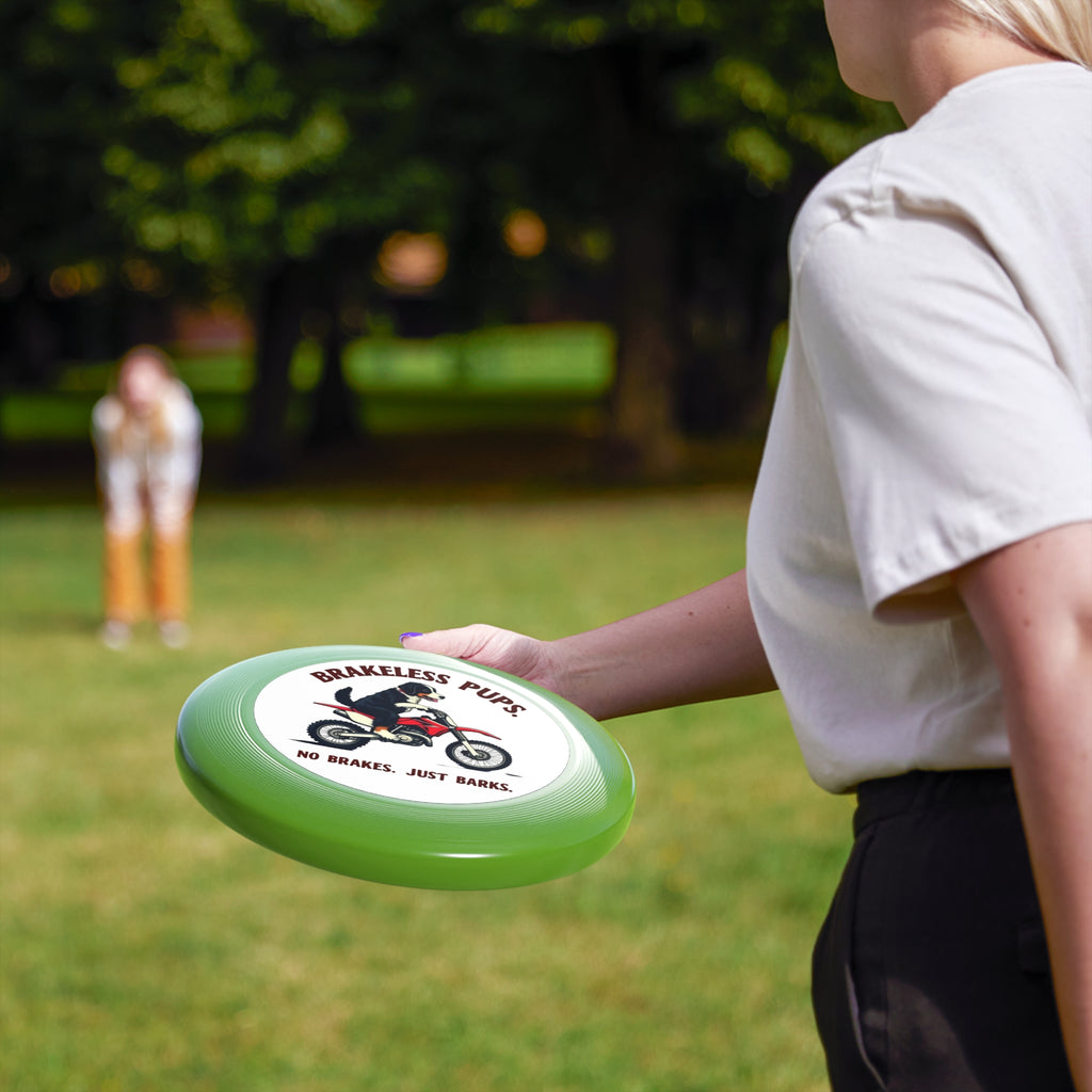 Brakeless Pups Frisbee — Funny Dog Motorcycle Disc, "No Brakes. Just Barks." Outdoor Toss Toy
