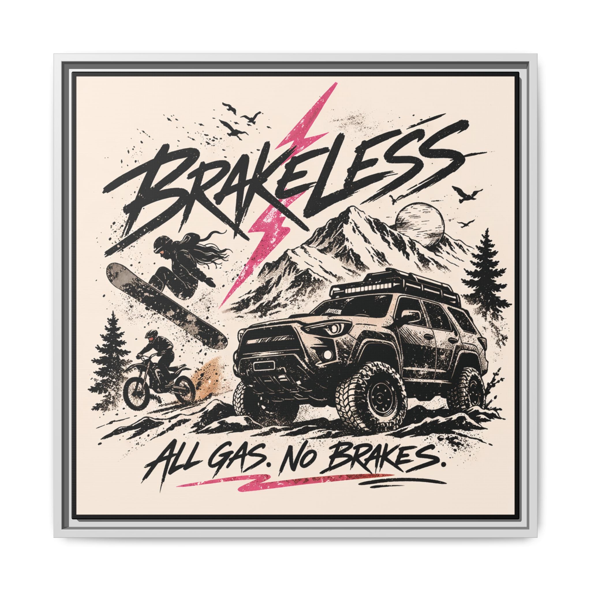 BRAKELESS ADRENALINE BABE Framed Matte Canvas – "Brakeless: All Gas, No Brakes" Off‑Road Adventure Print