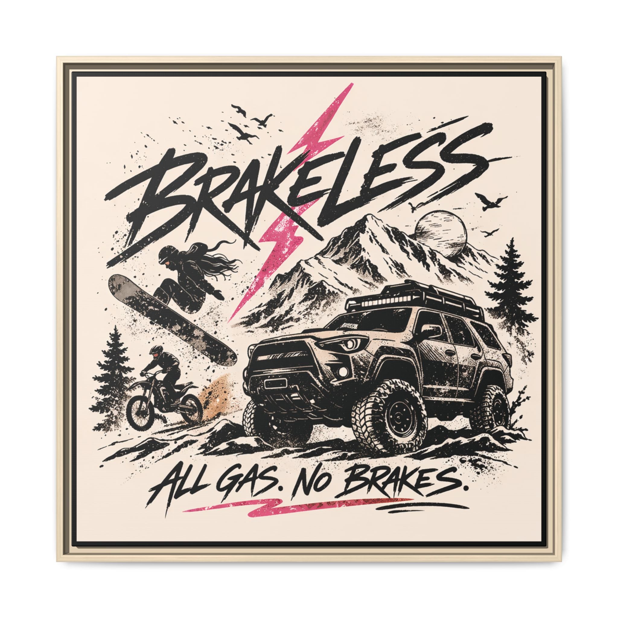 BRAKELESS ADRENALINE BABE Framed Matte Canvas – "Brakeless: All Gas, No Brakes" Off‑Road Adventure Print