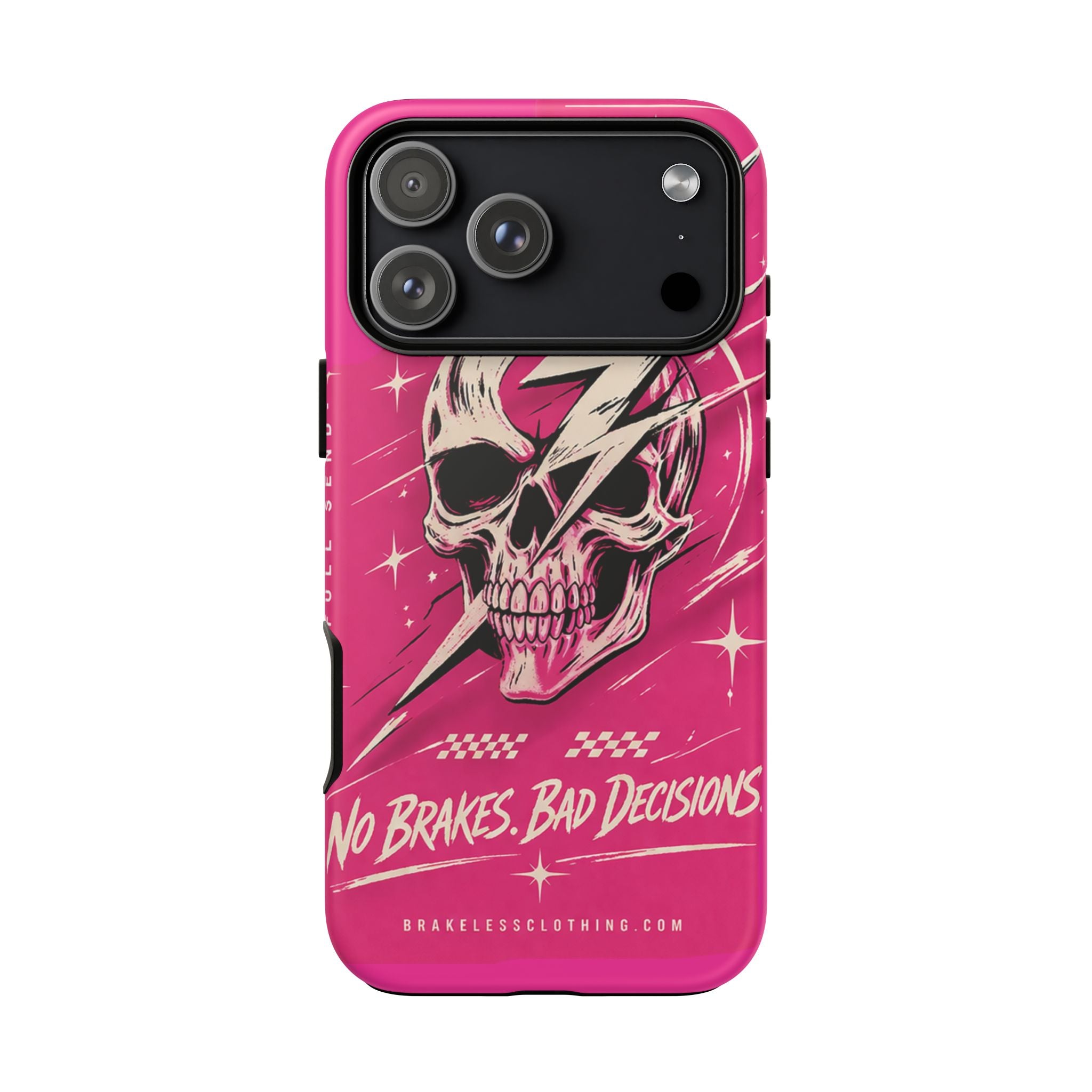 Pink Lightning Skull Phone Case – “No Brakes, Bad Decisions” Protective Cover