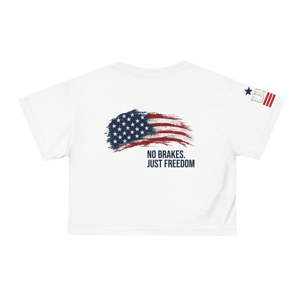 BRAKELESS Patriotic Crop Tee — "All Gas, No Brakes" USA Flag