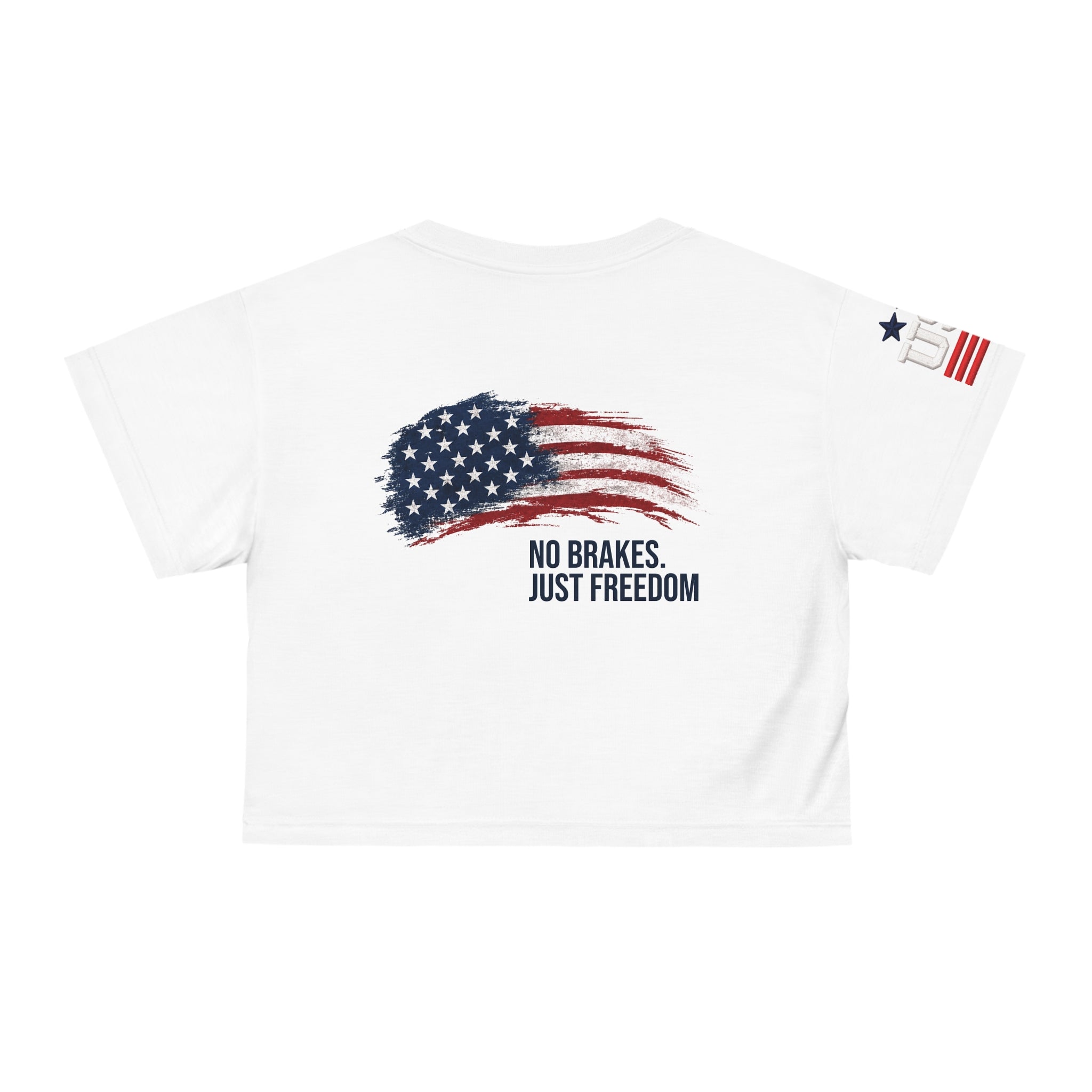 BRAKELESS Patriotic Crop Tee — "All Gas, No Brakes" USA Flag