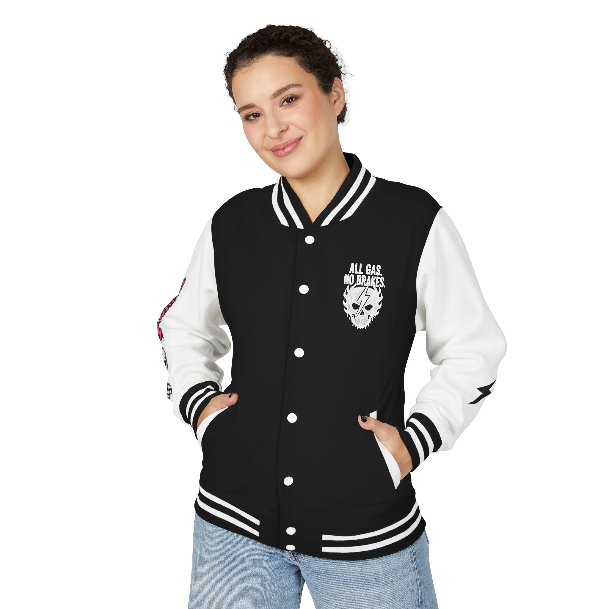 Letterman Jacket — Brakeless Skull “No Brakes. Bad Decisions.” Racing Varsity Jacket