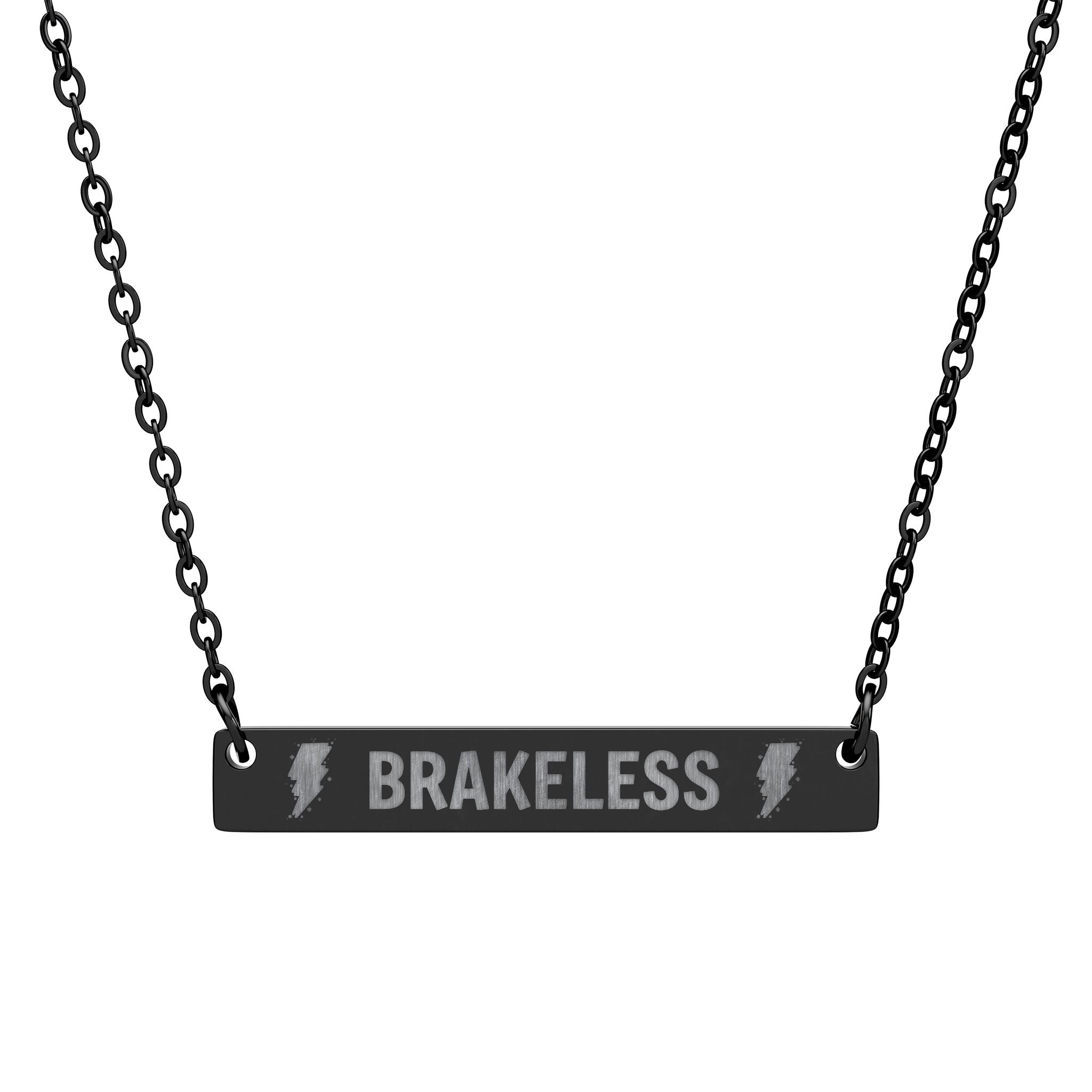 Engraved 'BRAKELESS' Horizontal Bar Necklace — Personalized Motorcycle / Biker Jewelry