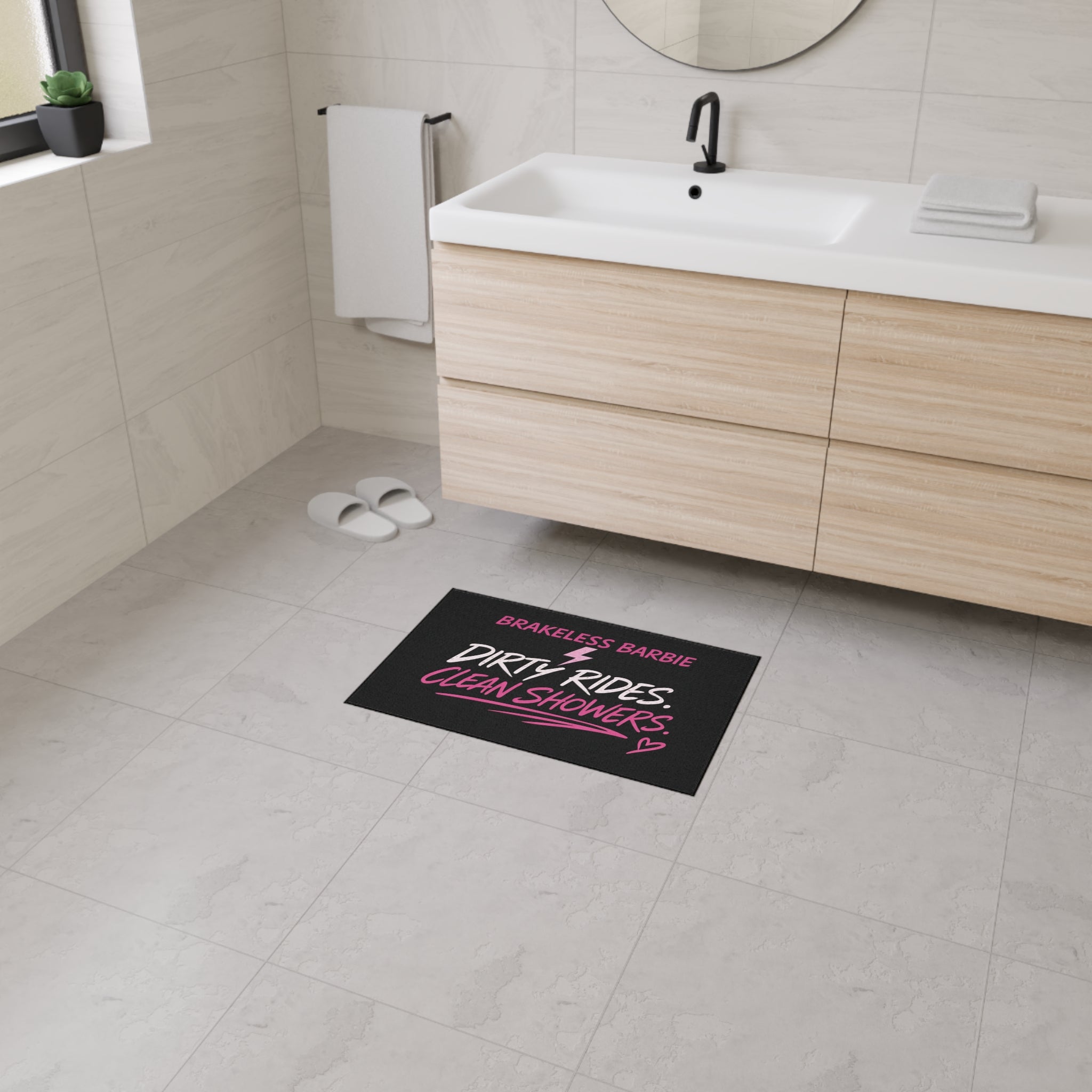 "Brakeless Barbie: Dirty Rides. Clean Showers." Heavy-Duty Floor Mat