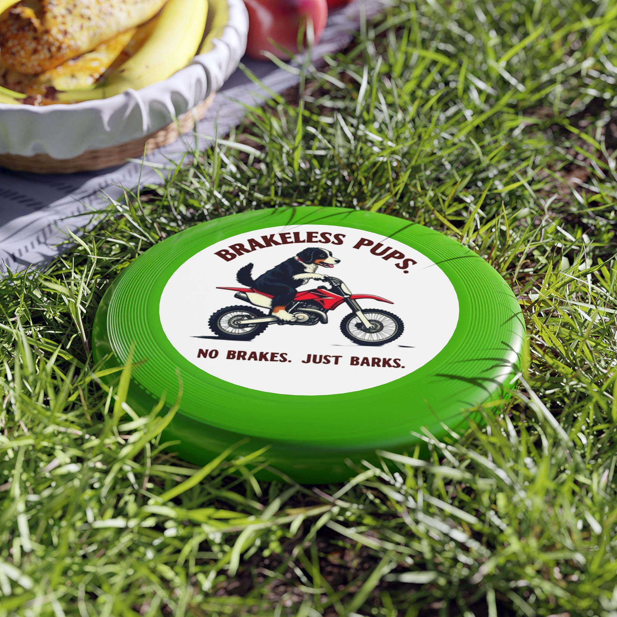 Brakeless Pups Frisbee — Funny Dog Motorcycle Disc, "No Brakes. Just Barks." Outdoor Toss Toy