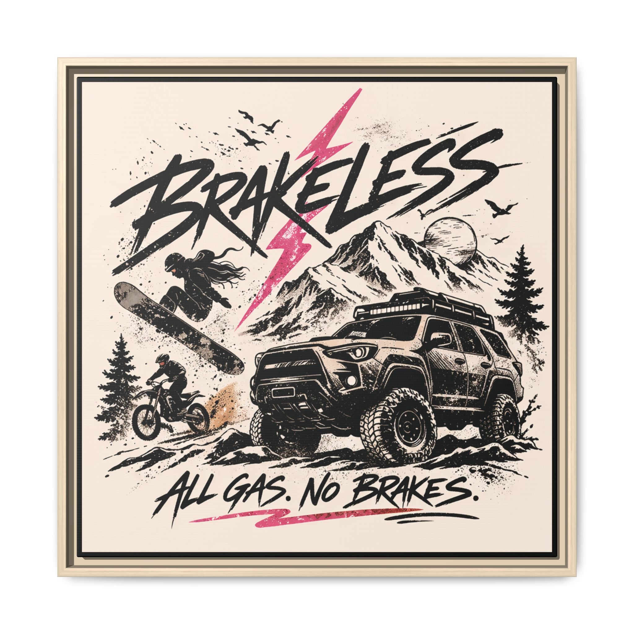 BRAKELESS ADRENALINE BABE Framed Matte Canvas – "Brakeless: All Gas, No Brakes" Off‑Road Adventure Print