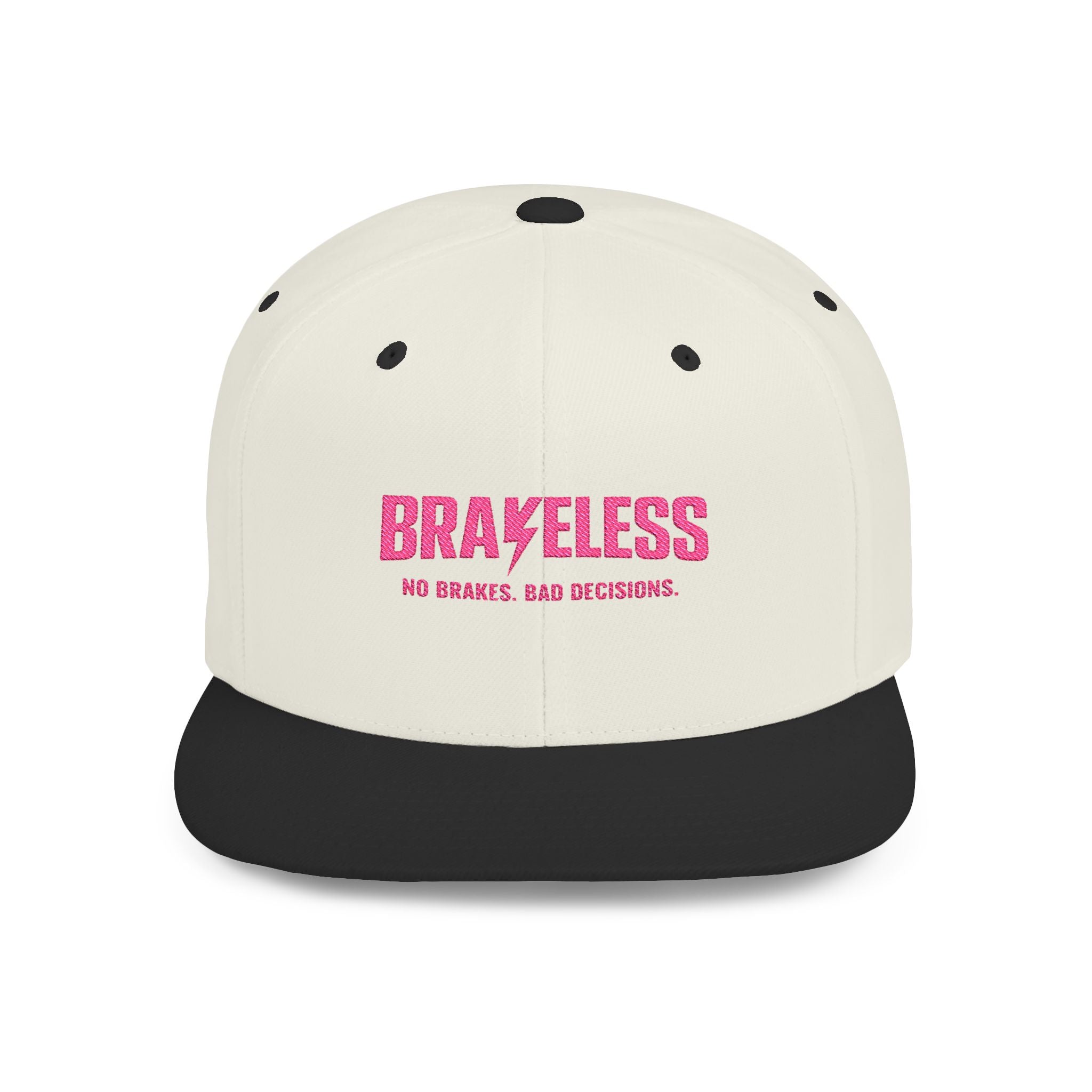 Camo Flat Bill Snapback Hat — BRAVELESS Pink Embroidered Slogan