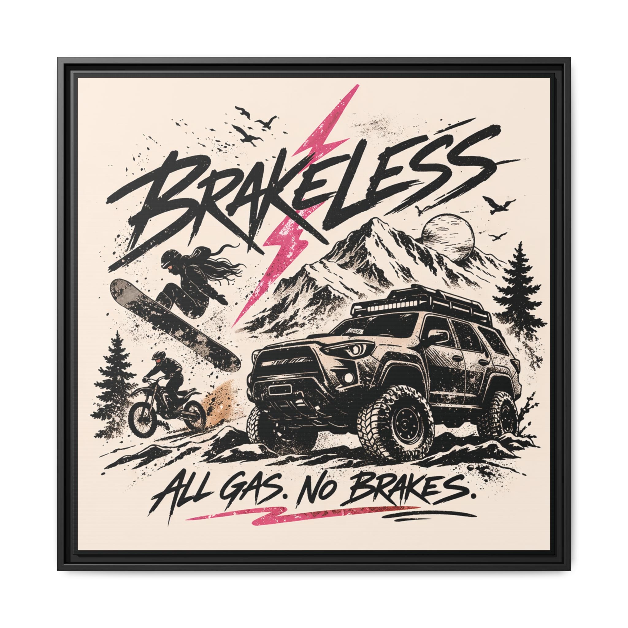 BRAKELESS ADRENALINE BABE Framed Matte Canvas – "Brakeless: All Gas, No Brakes" Off‑Road Adventure Print