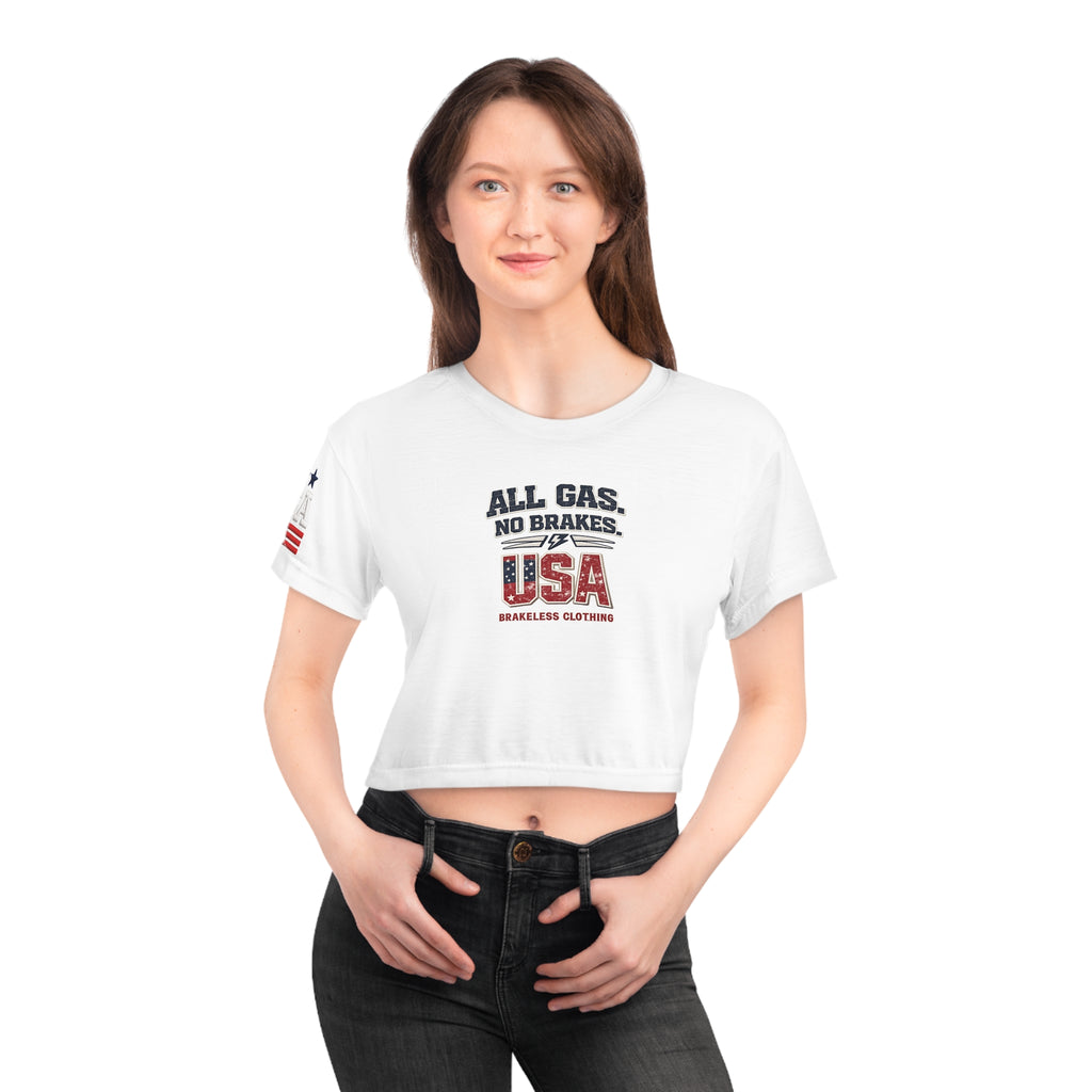 BRAKELESS Patriotic Crop Tee — "All Gas, No Brakes" USA Flag