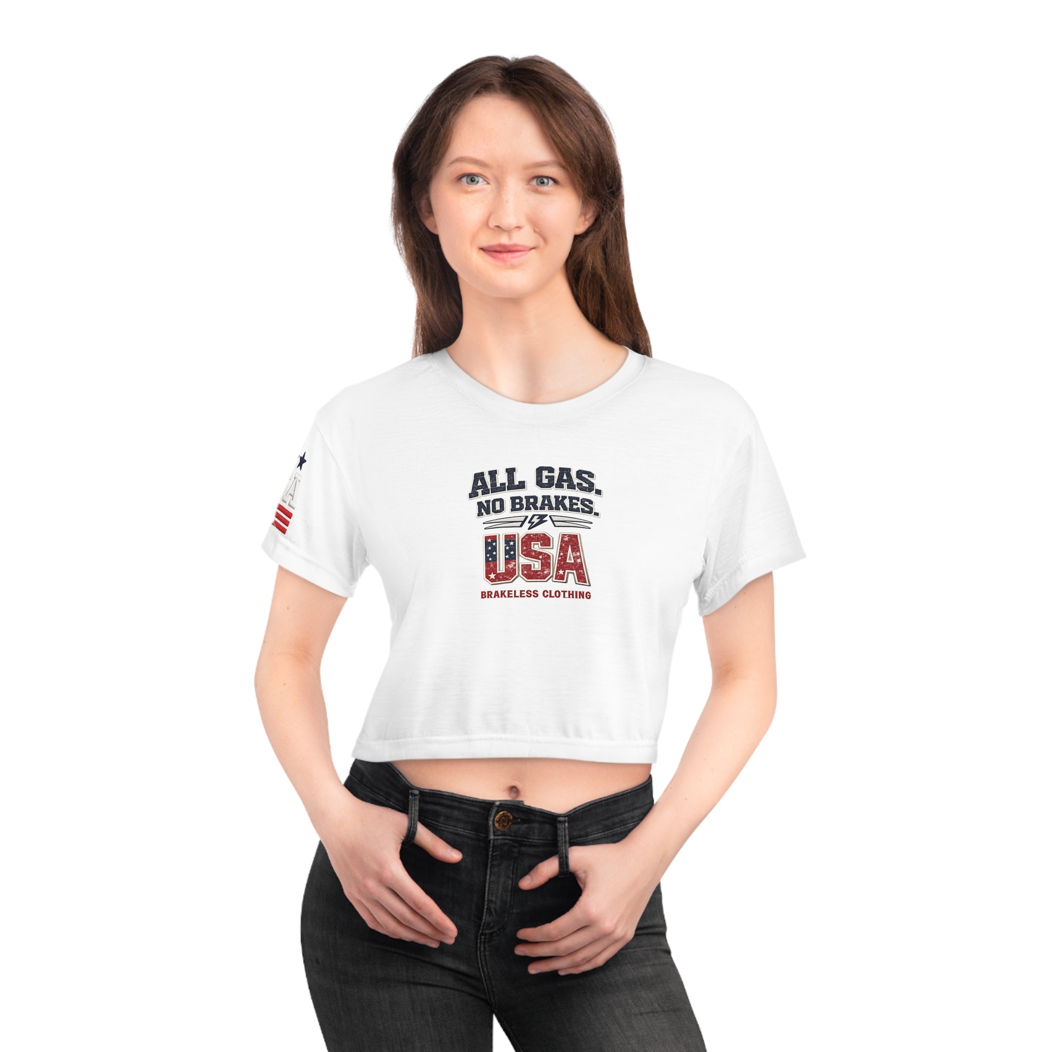 BRAKELESS Patriotic Crop Tee — "All Gas, No Brakes" USA Flag