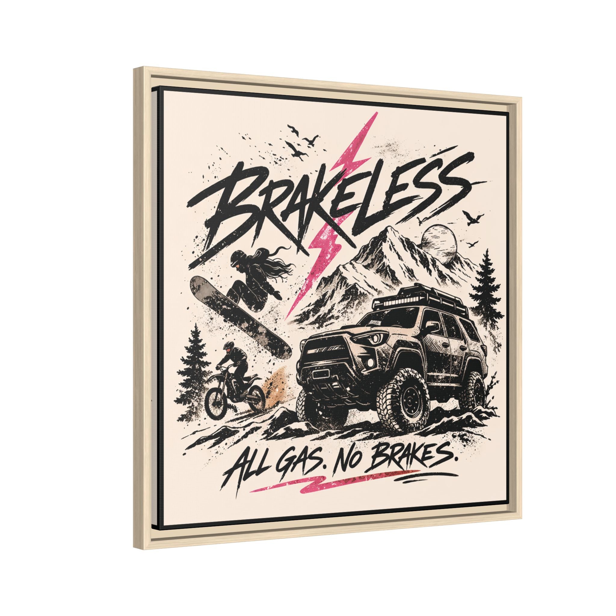 BRAKELESS ADRENALINE BABE Framed Matte Canvas – "Brakeless: All Gas, No Brakes" Off‑Road Adventure Print