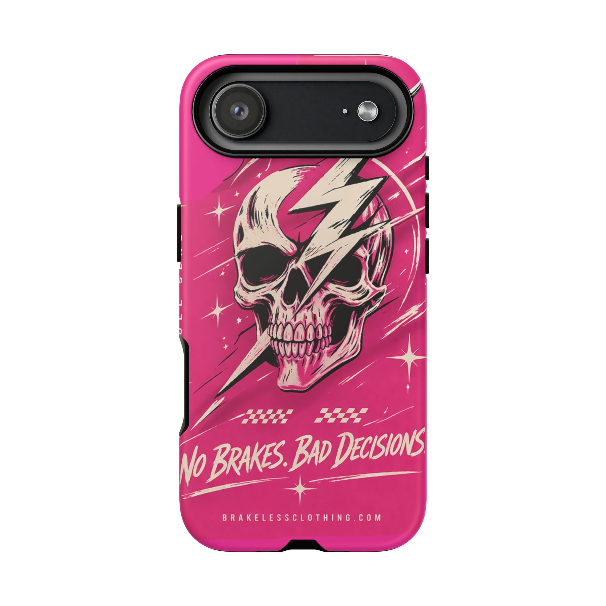 Pink Lightning Skull Phone Case – “No Brakes, Bad Decisions” Protective Cover