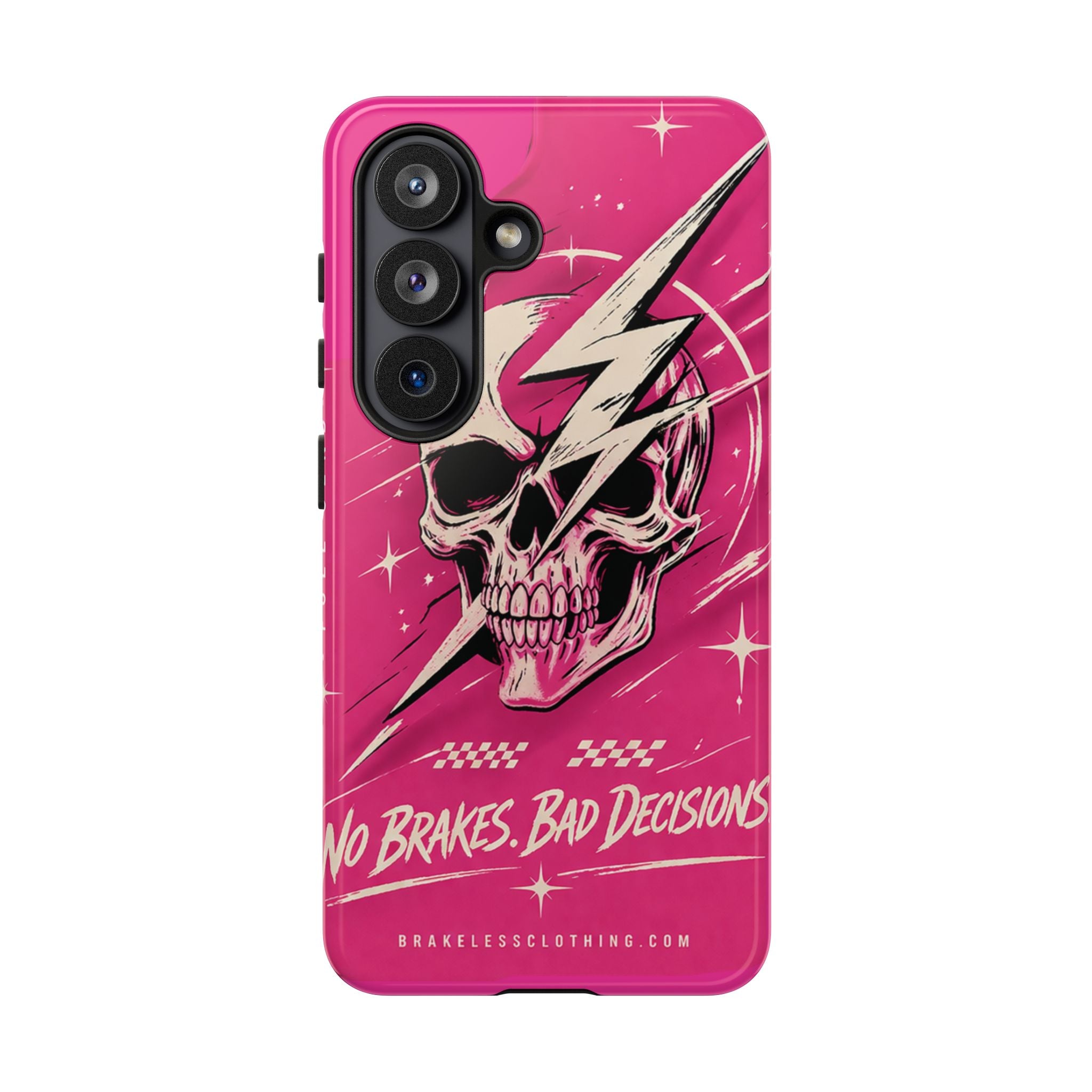 Pink Lightning Skull Phone Case – “No Brakes, Bad Decisions” Protective Cover