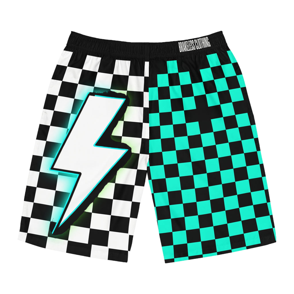 Checkerboard Lightning Board Shorts - Turquoise Black Skate Beach Swim Trunks