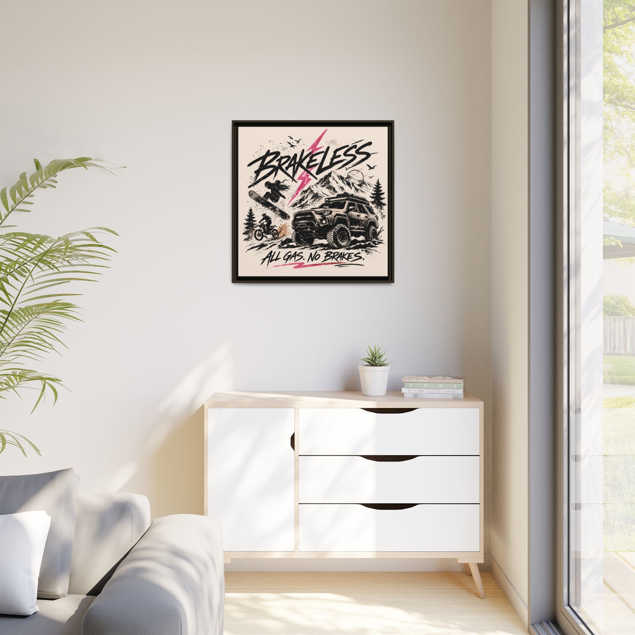 BRAKELESS ADRENALINE BABE Framed Matte Canvas – "Brakeless: All Gas, No Brakes" Off‑Road Adventure Print