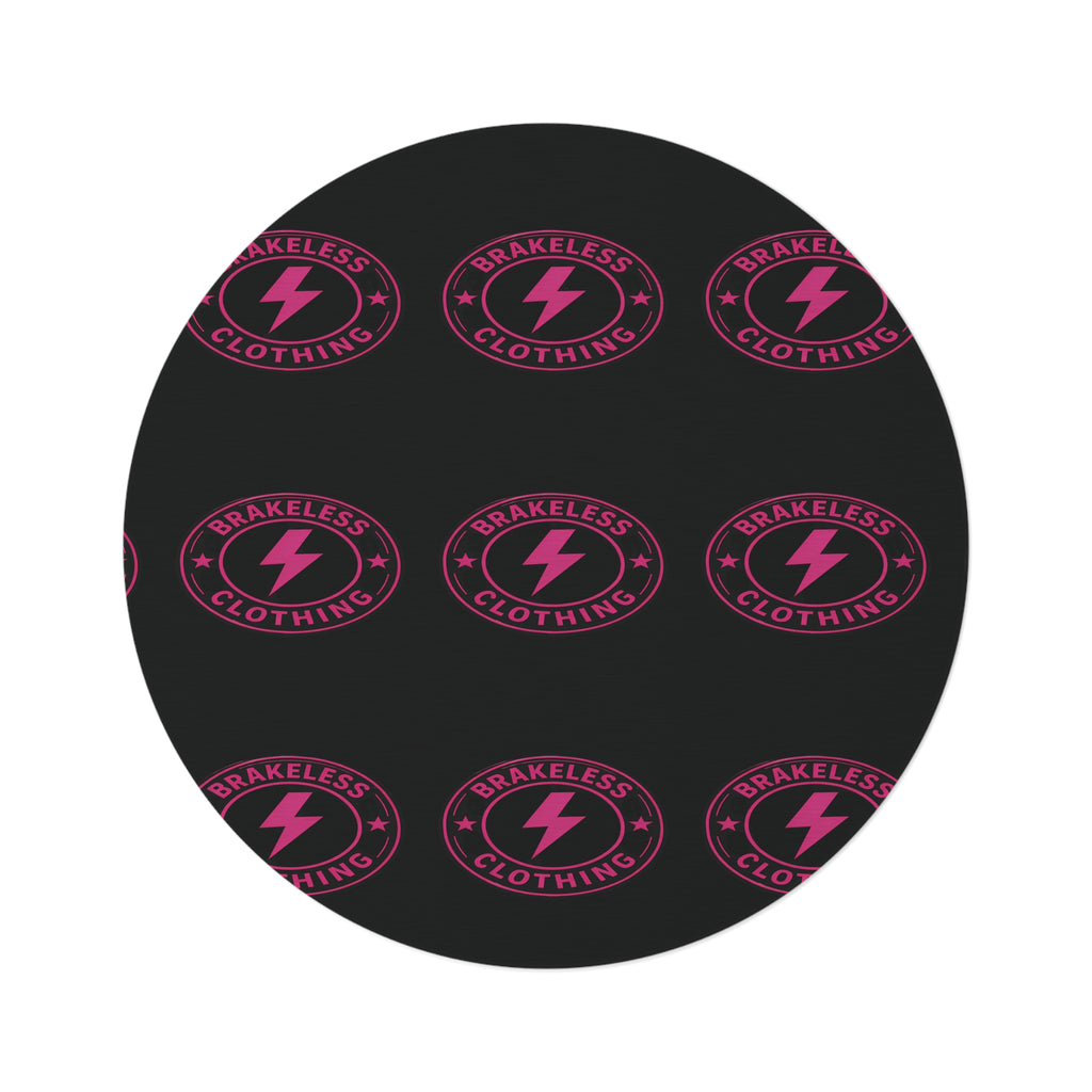 Black Round Rug with Pink 'Brakeless Clothing' Lightning Logo — Retro Punk Floor Mat