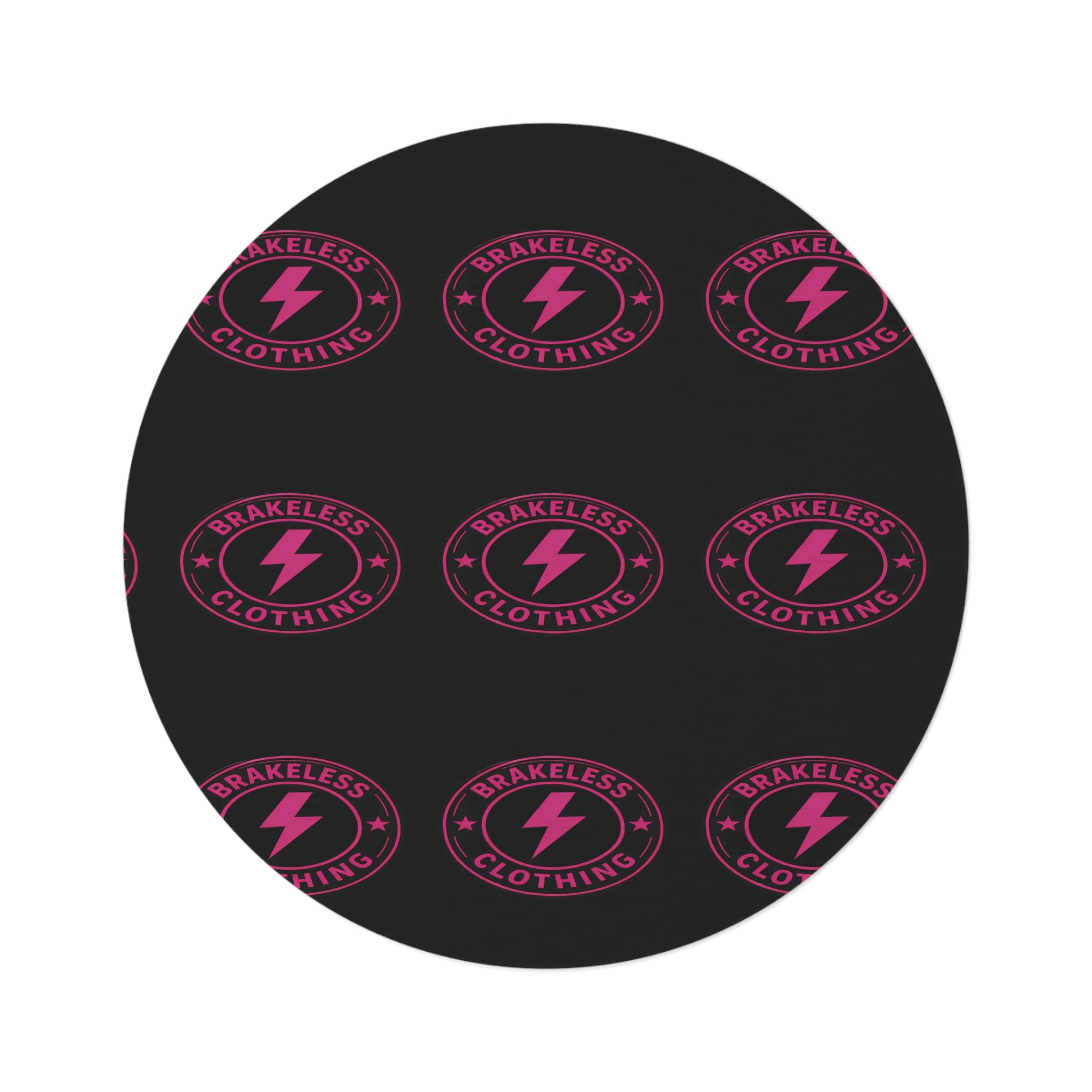 Black Round Rug with Pink 'Brakeless Clothing' Lightning Logo — Retro Punk Floor Mat