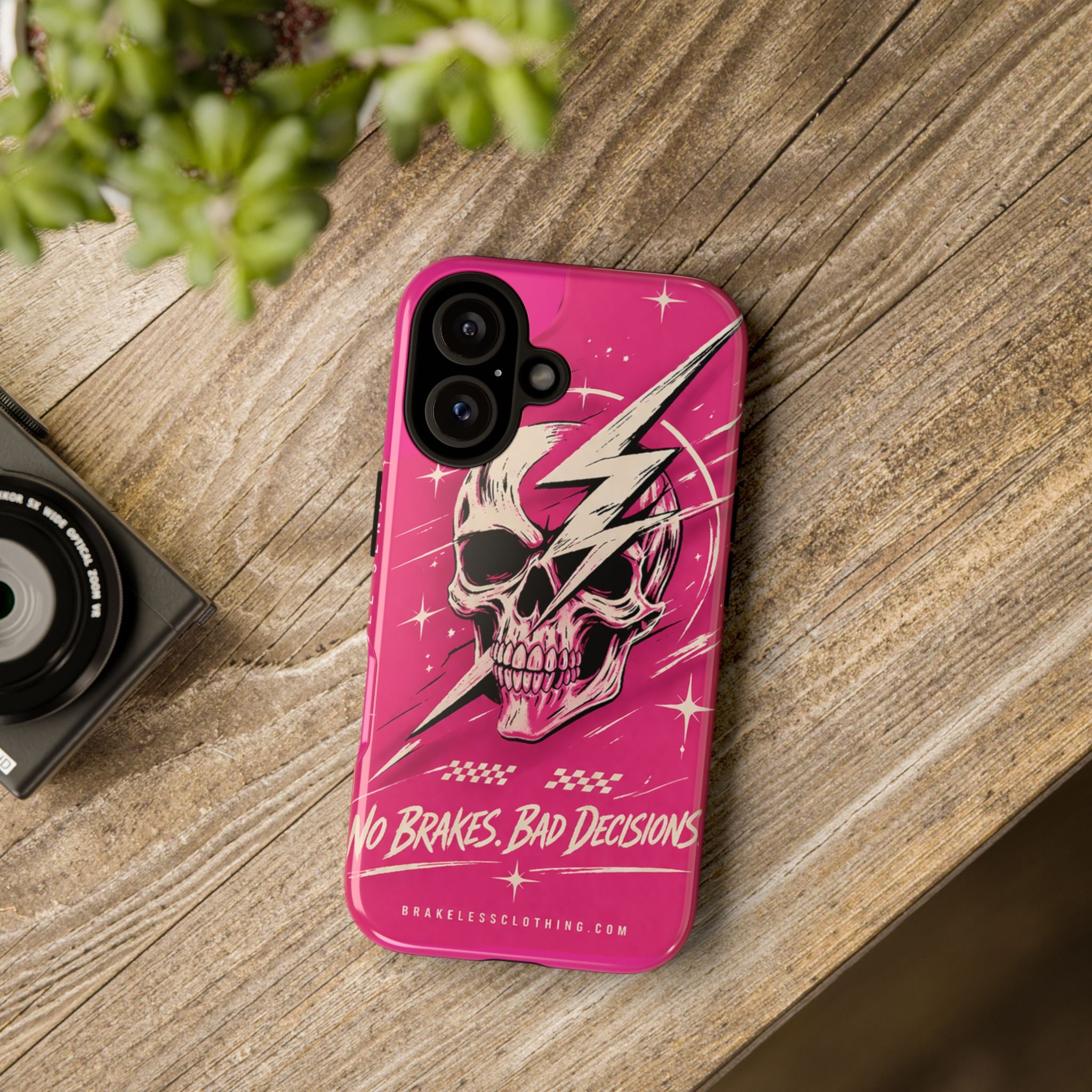Pink Lightning Skull Phone Case – “No Brakes, Bad Decisions” Protective Cover