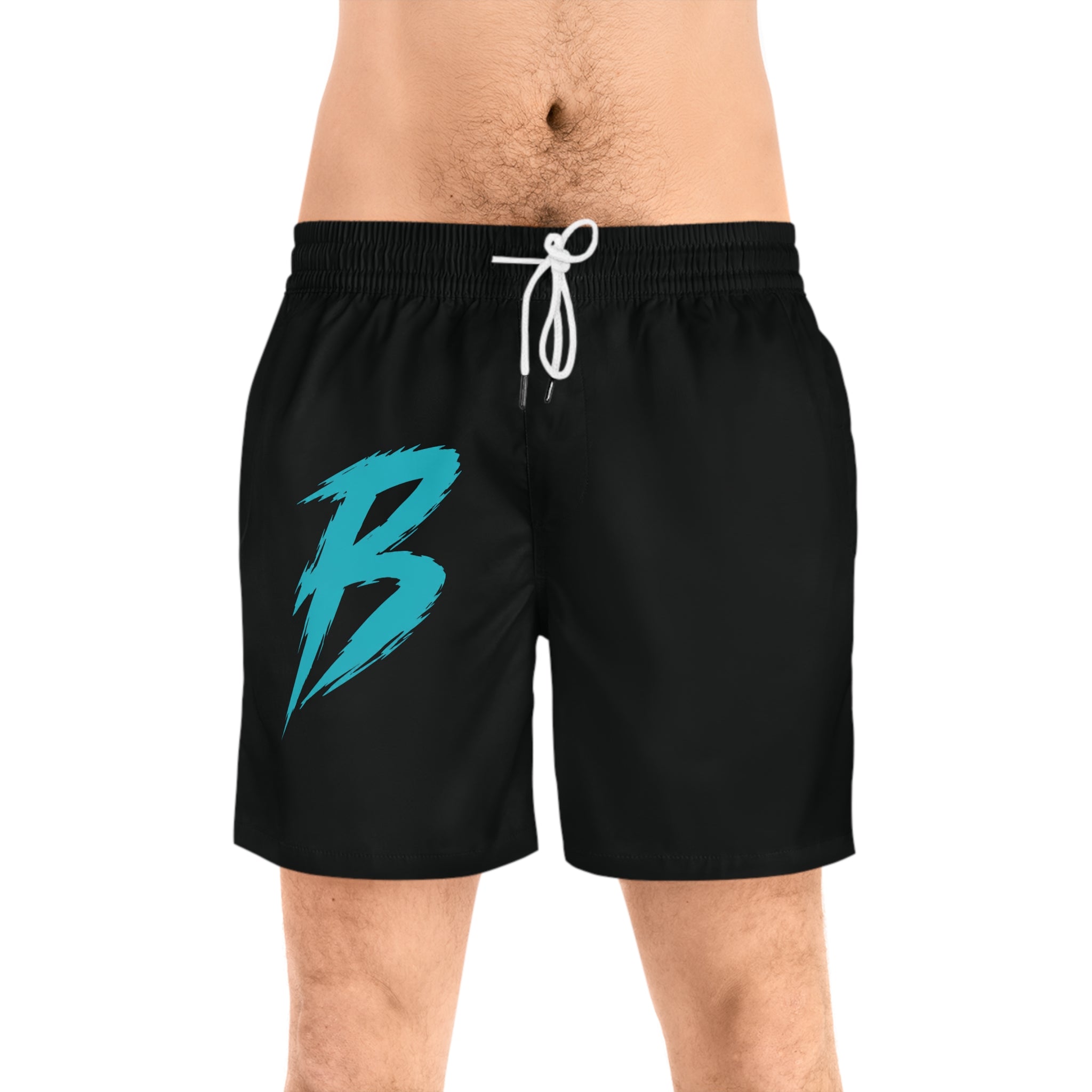Men's Black 'B' —  Mid-Length Beach Trunks