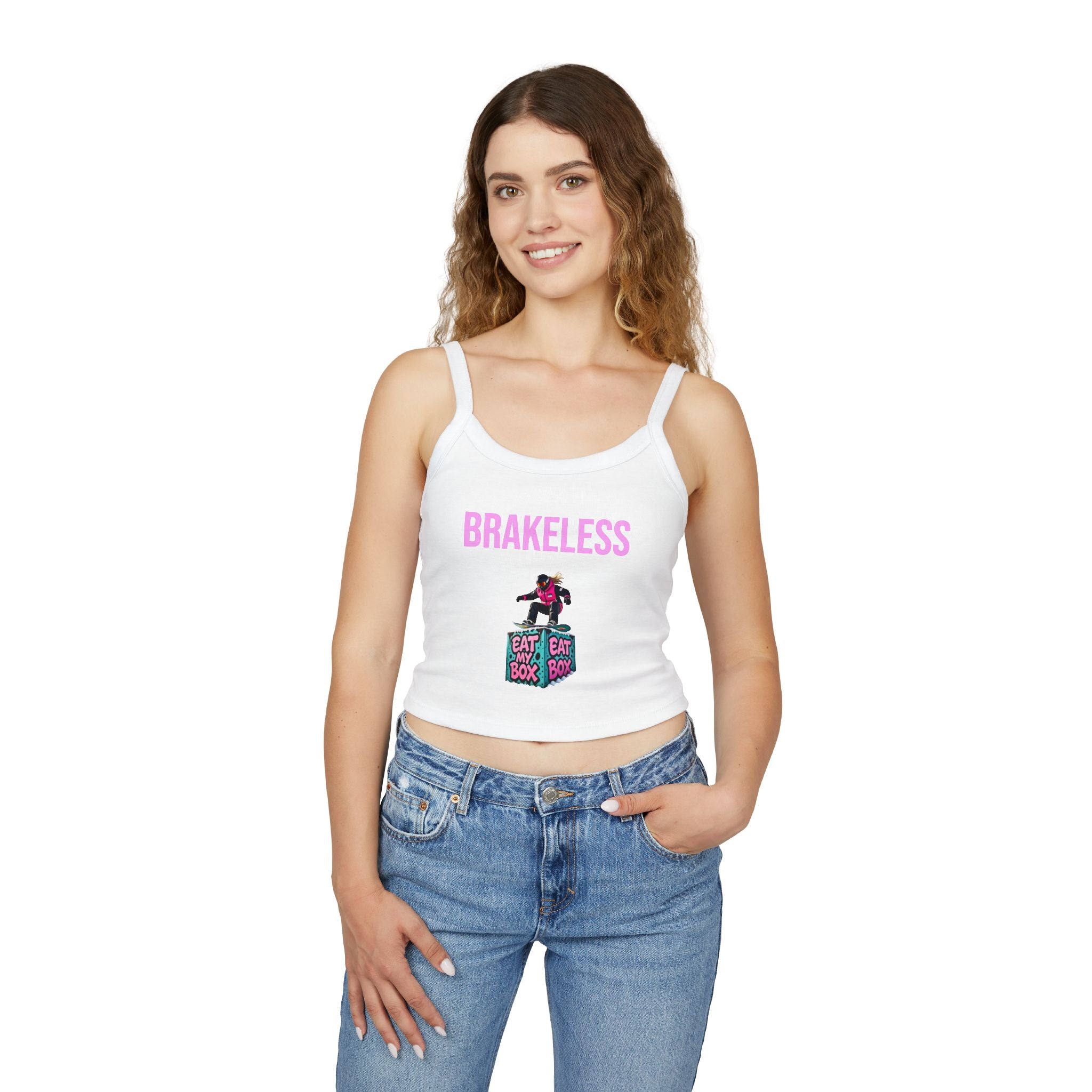 Brakeless Crop Tank — 'Brakeless' Graphic Spaghetti Strap Tank Top with Eat My Box Design