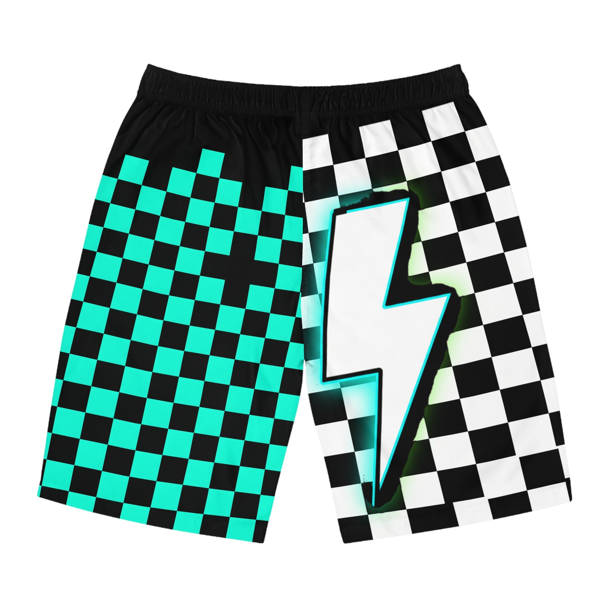 Checkerboard Lightning Board Shorts - Turquoise Black Skate Beach Swim Trunks
