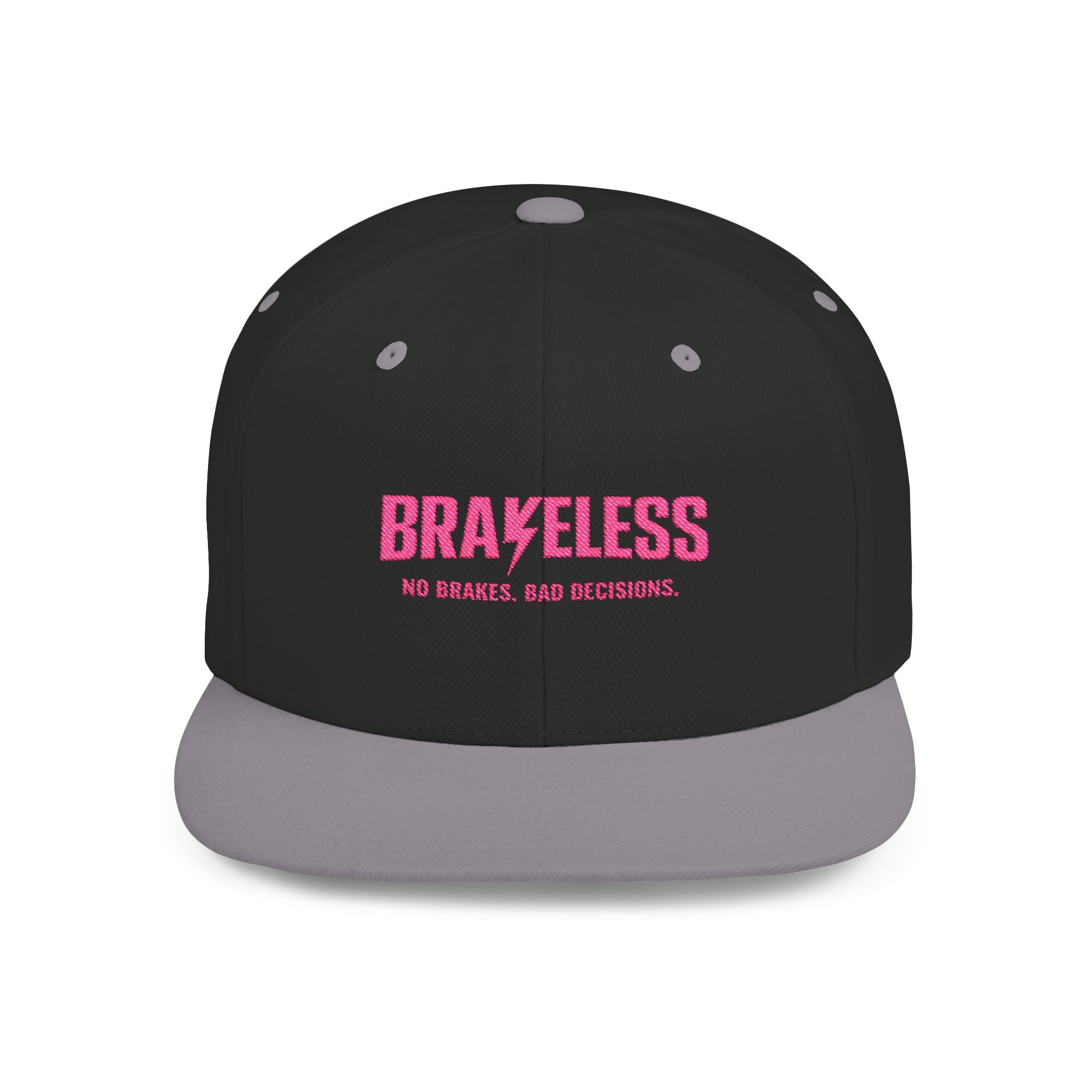 Camo Flat Bill Snapback Hat — BRAVELESS Pink Embroidered Slogan