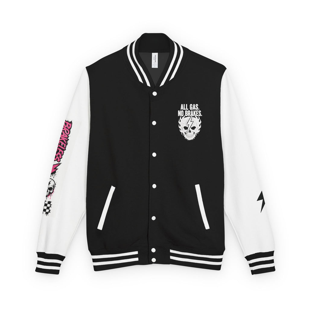 Letterman Jacket — Brakeless Skull “No Brakes. Bad Decisions.” Racing Varsity Jacket