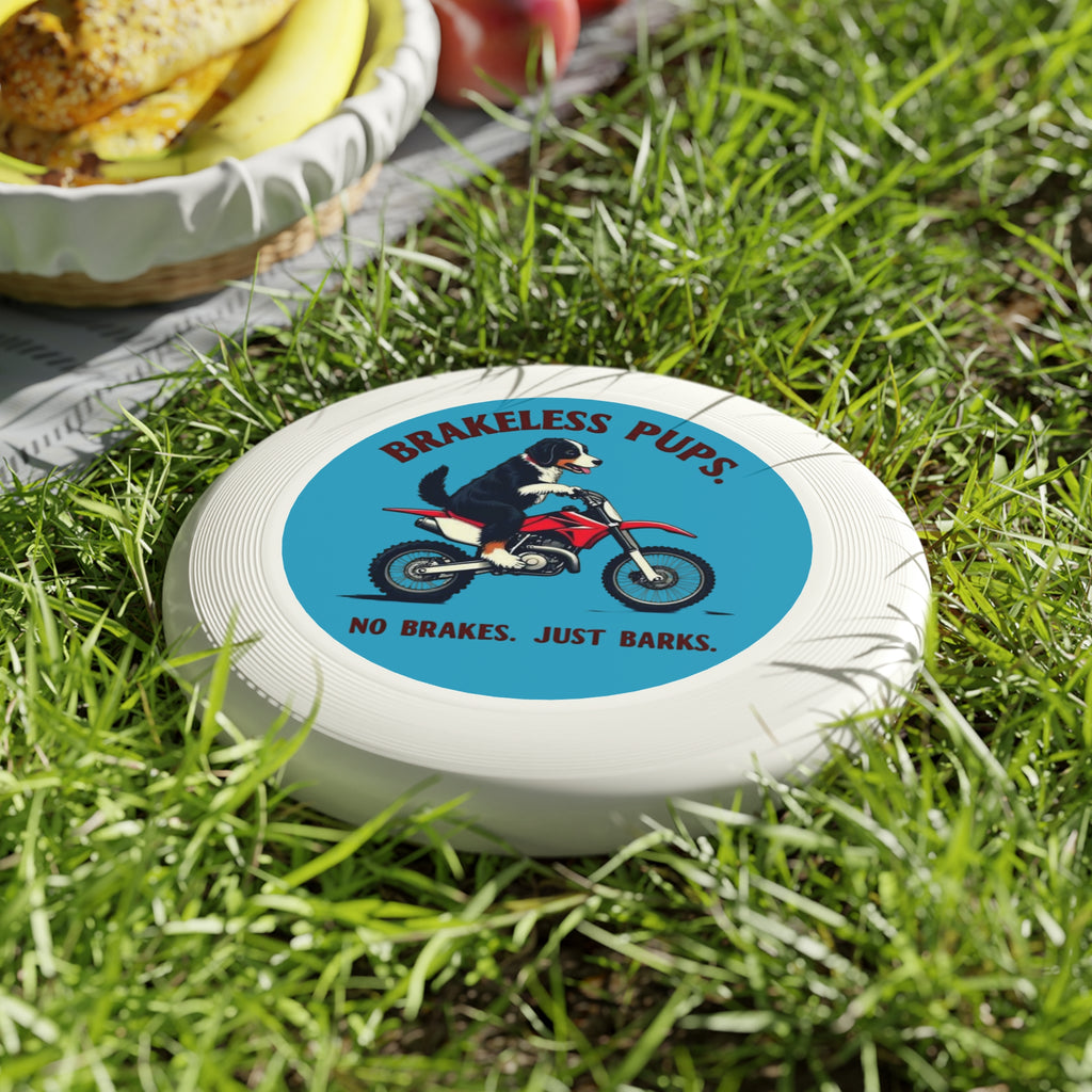 Brakeless Pups Frisbee — Funny Dog Motorcycle Disc, "No Brakes. Just Barks." Outdoor Toss Toy