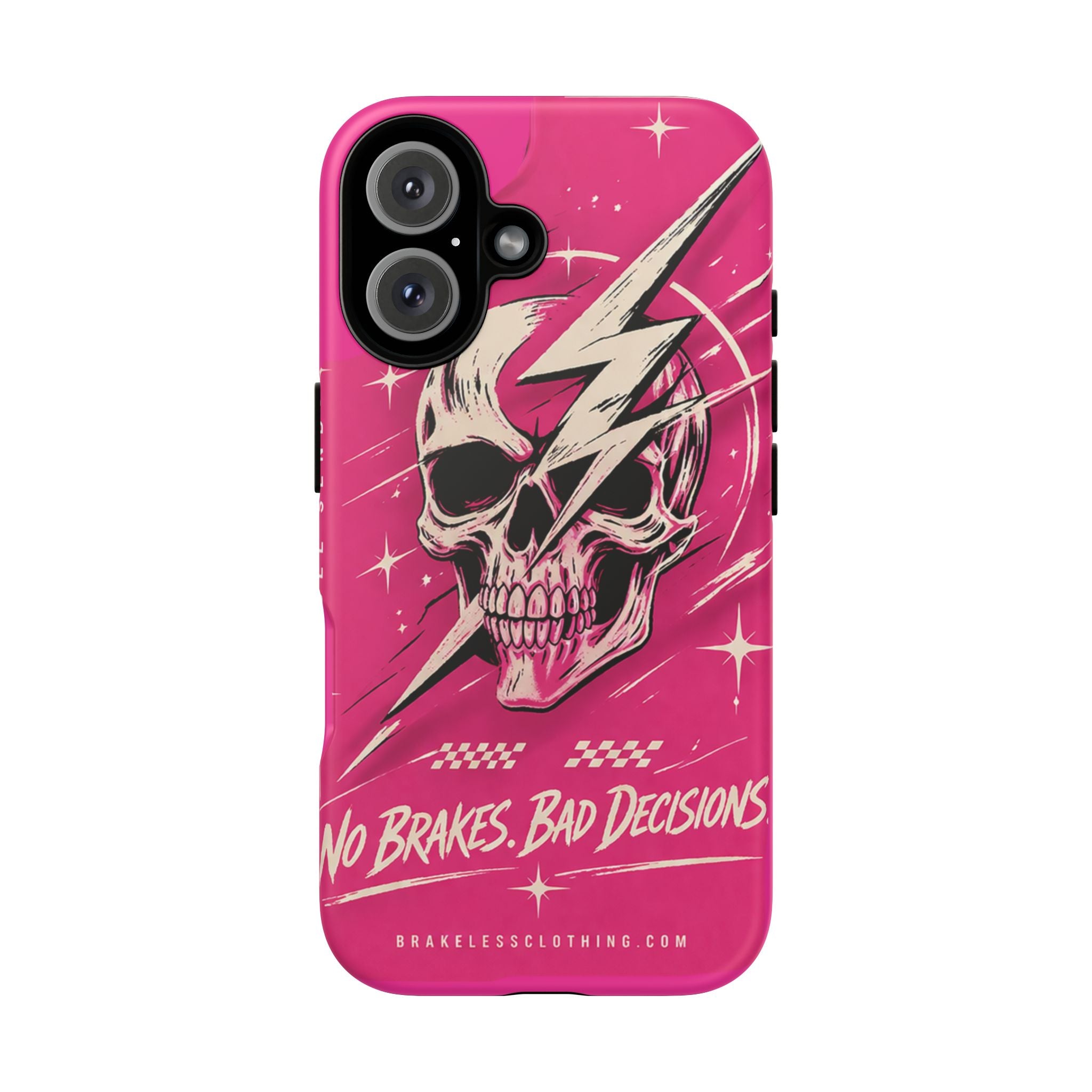 Pink Lightning Skull Phone Case – “No Brakes, Bad Decisions” Protective Cover