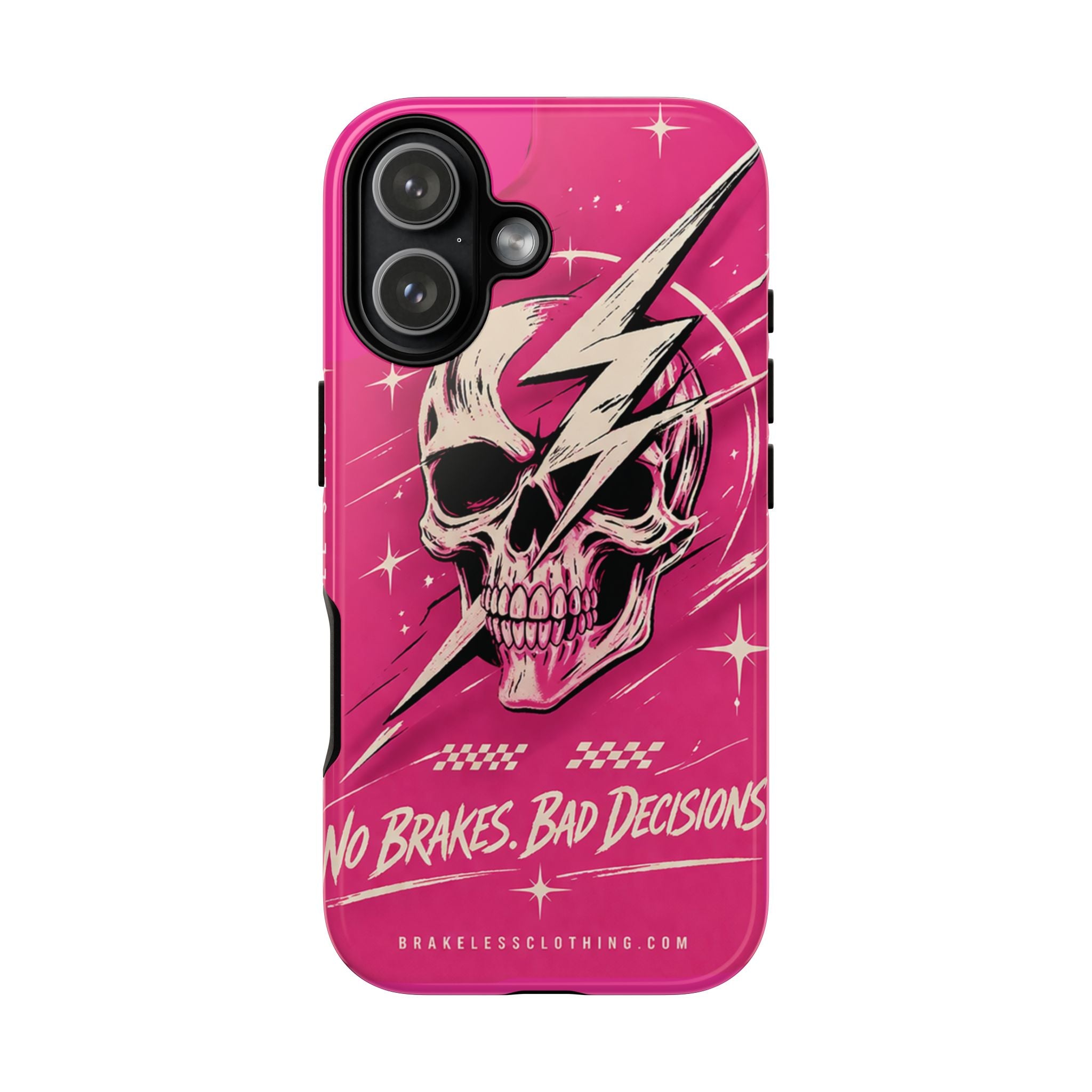 Pink Lightning Skull Phone Case – “No Brakes, Bad Decisions” Protective Cover