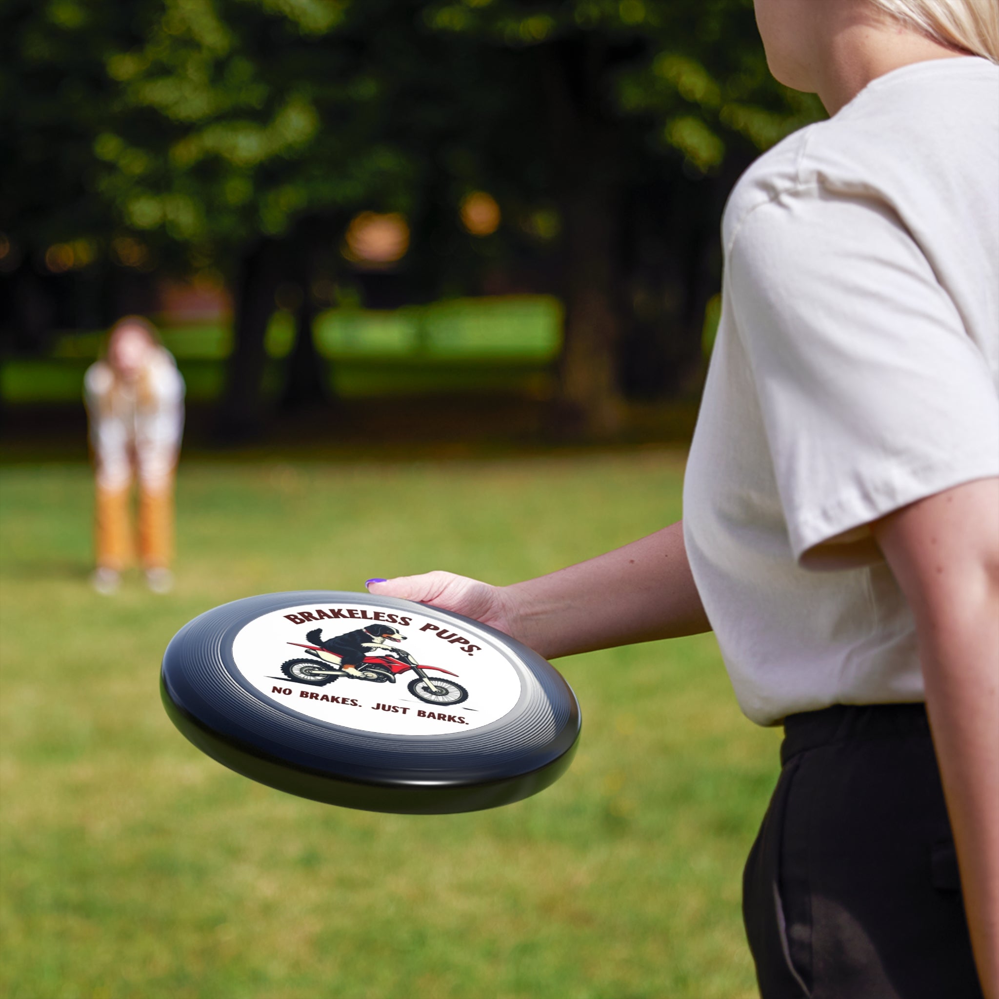 Brakeless Pups Frisbee — Funny Dog Motorcycle Disc, "No Brakes. Just Barks." Outdoor Toss Toy