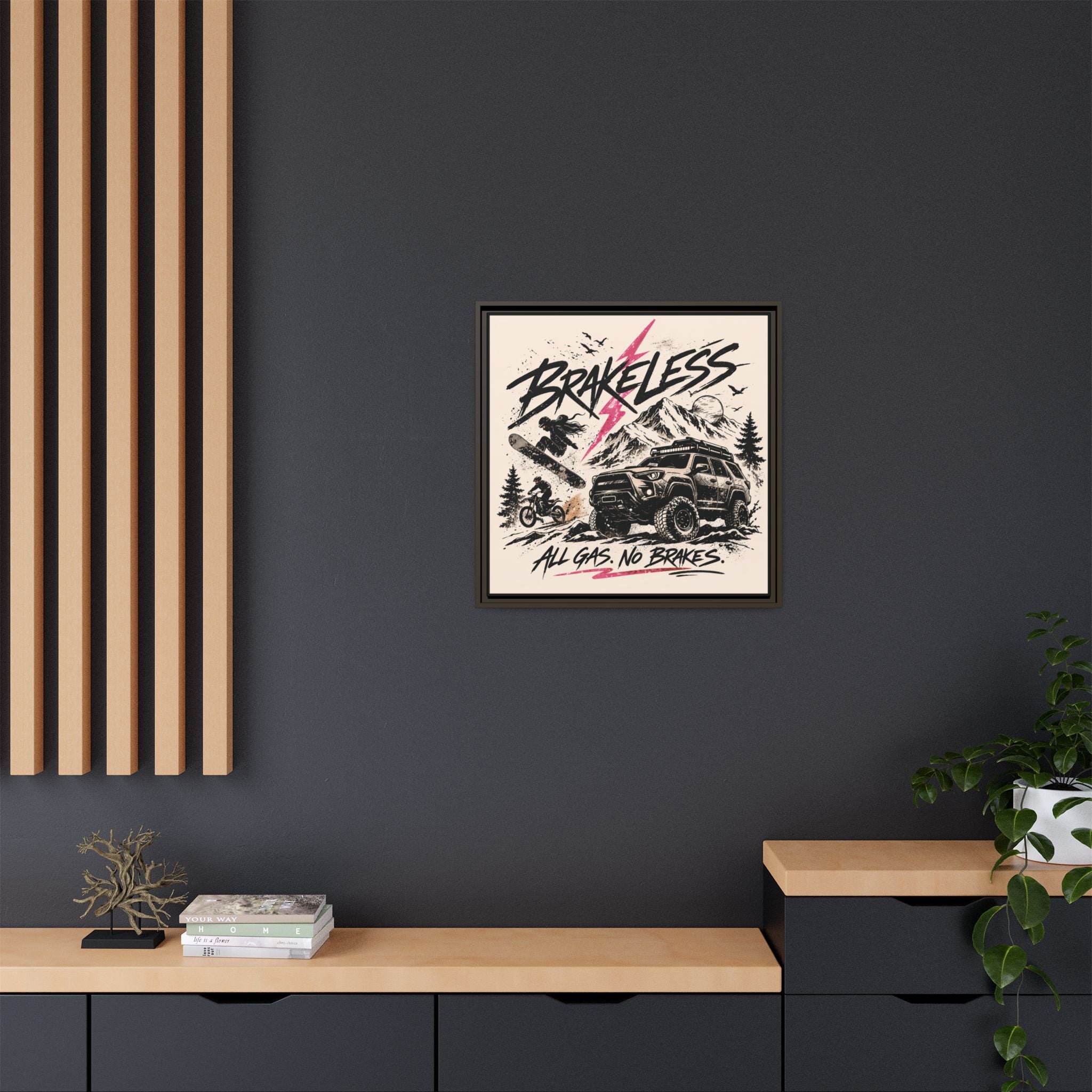 BRAKELESS ADRENALINE BABE Framed Matte Canvas – "Brakeless: All Gas, No Brakes" Off‑Road Adventure Print