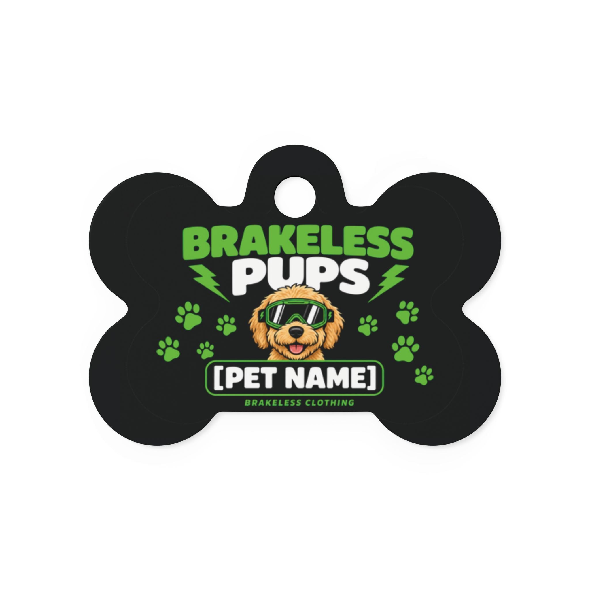 Brakeless Pups Personalized Bone Pet Tag — Custom Dog Name ID Tag - Green and Black