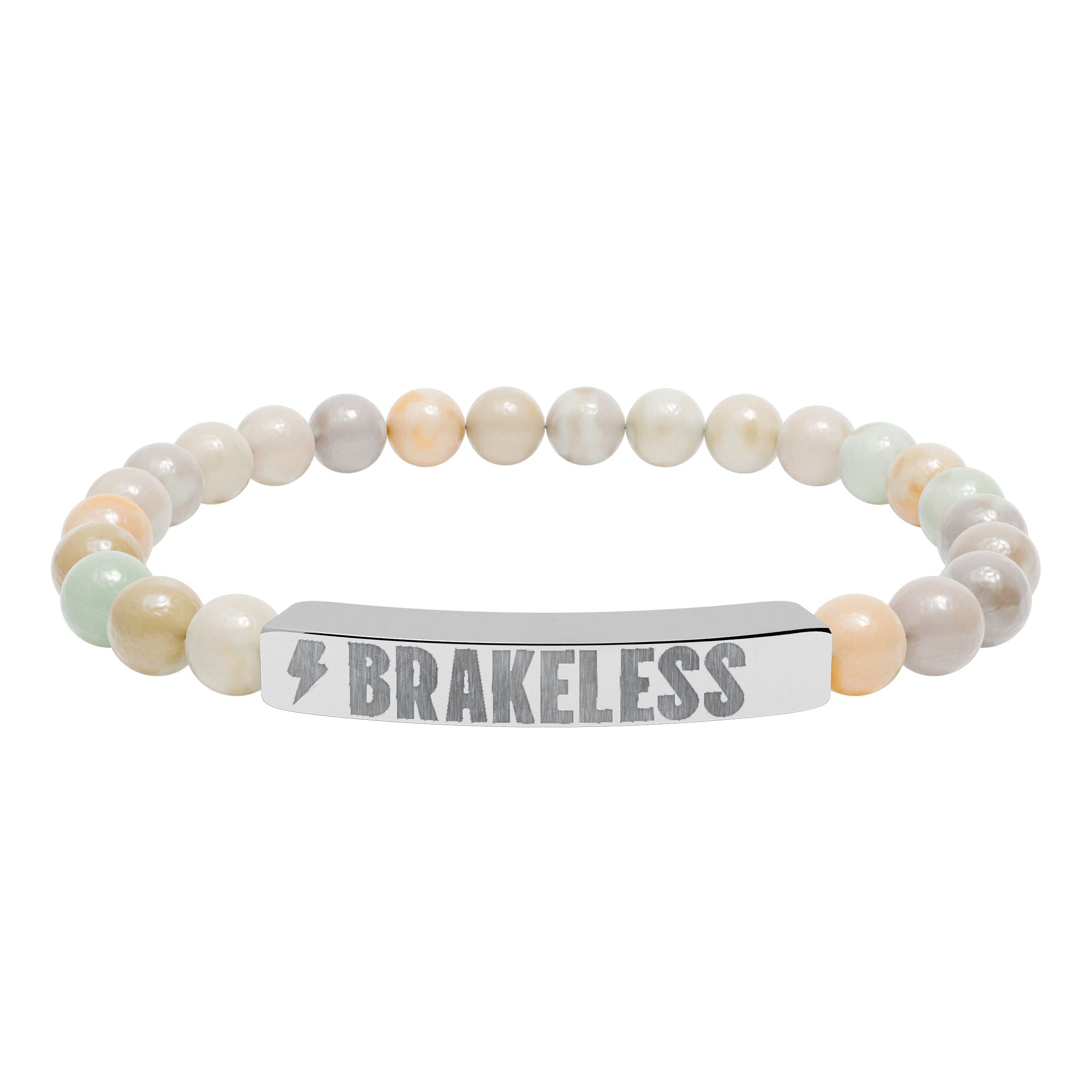 Engraved Natural Stone Stretch Bar Bracelet — 'BRAKELESS' Beaded Bracelet
