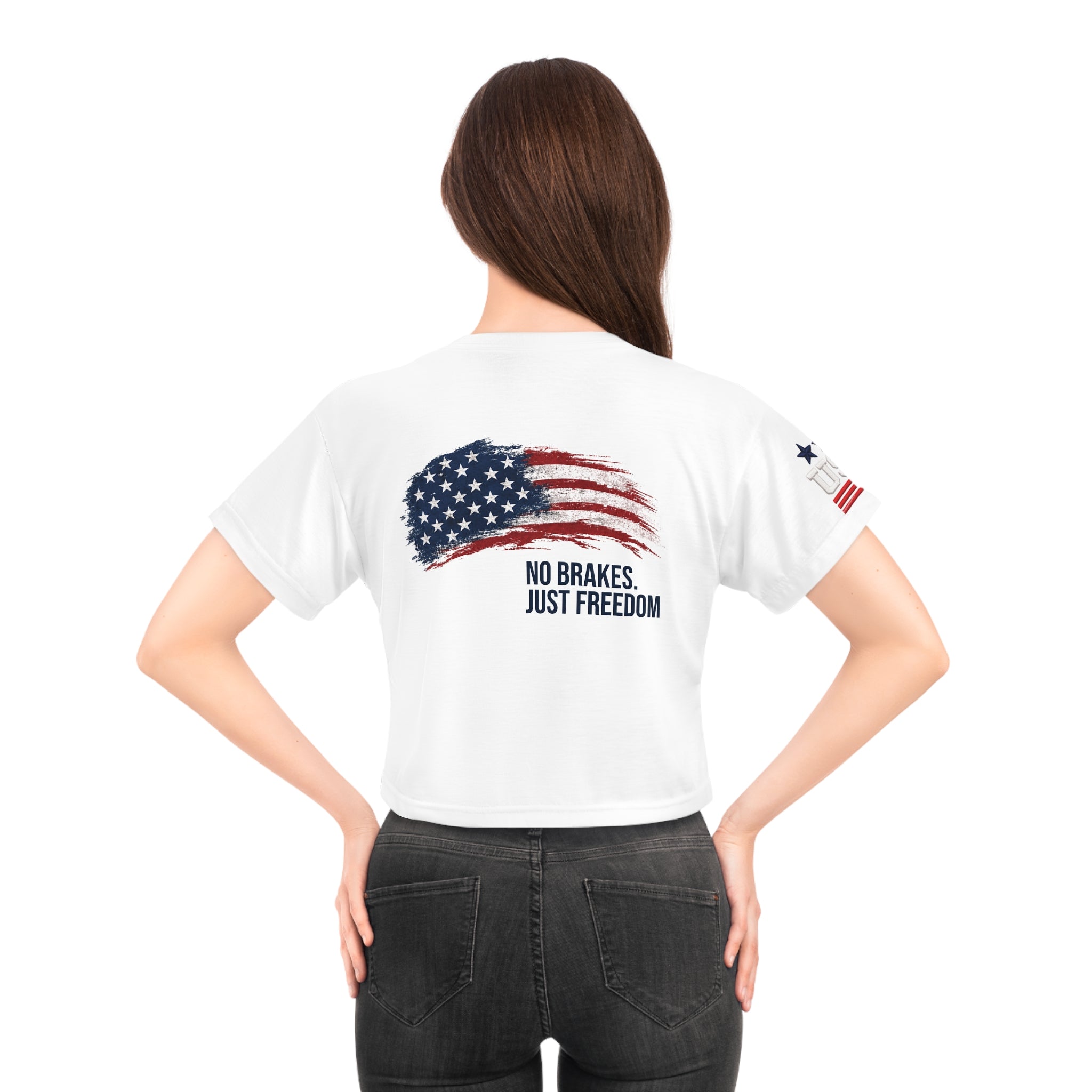 BRAKELESS Patriotic Crop Tee — "All Gas, No Brakes" USA Flag