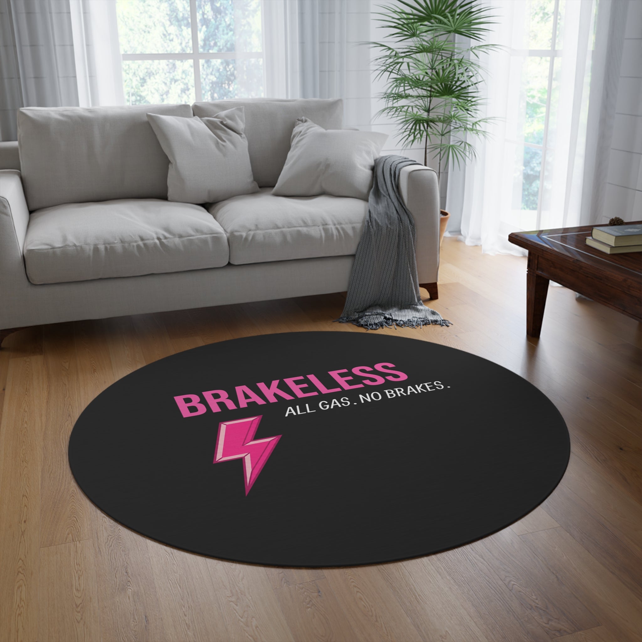 Brakeless Round Rug — 'All Gas, No Brakes' Pink Lightning Accent Mat