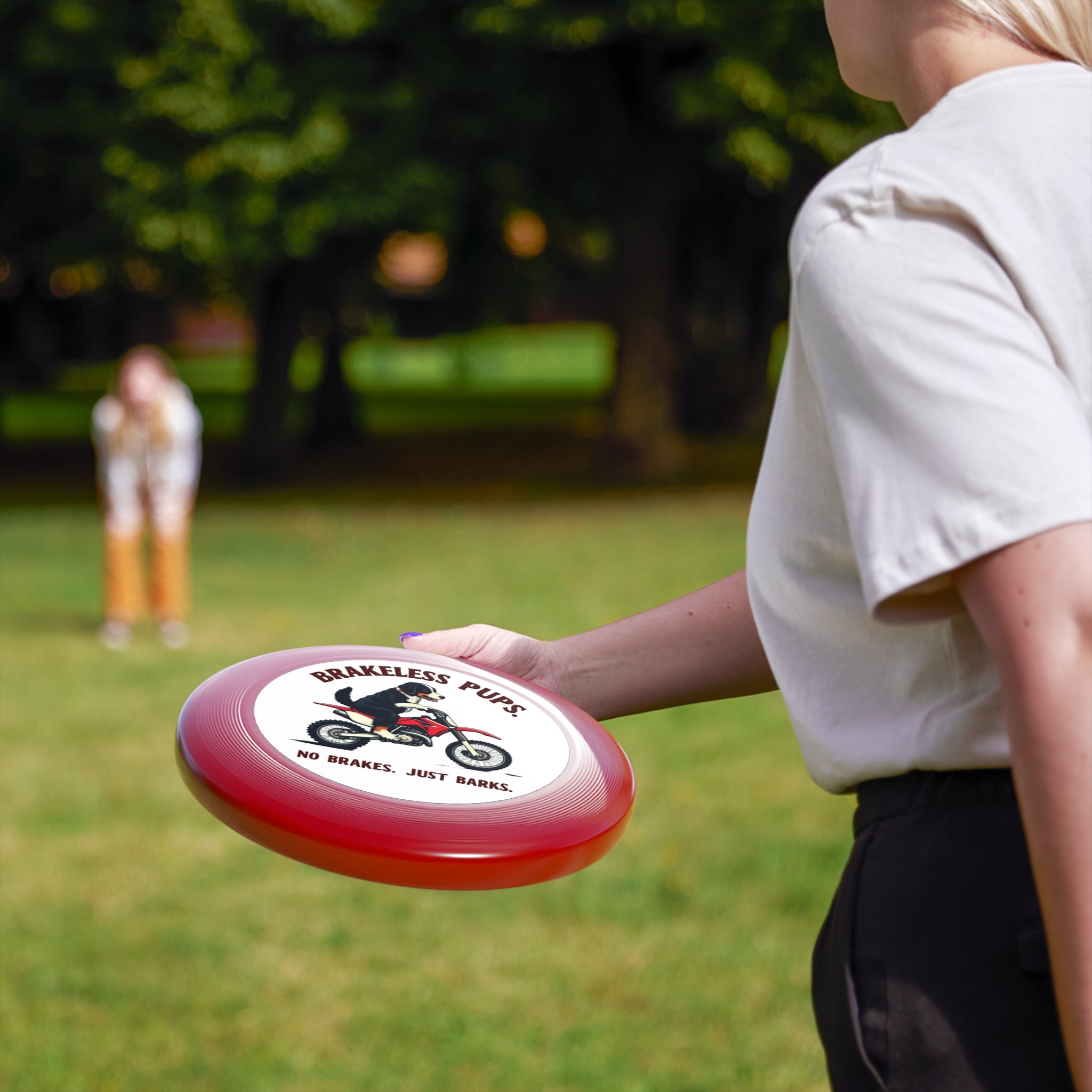 Brakeless Pups Frisbee — Funny Dog Motorcycle Disc, "No Brakes. Just Barks." Outdoor Toss Toy