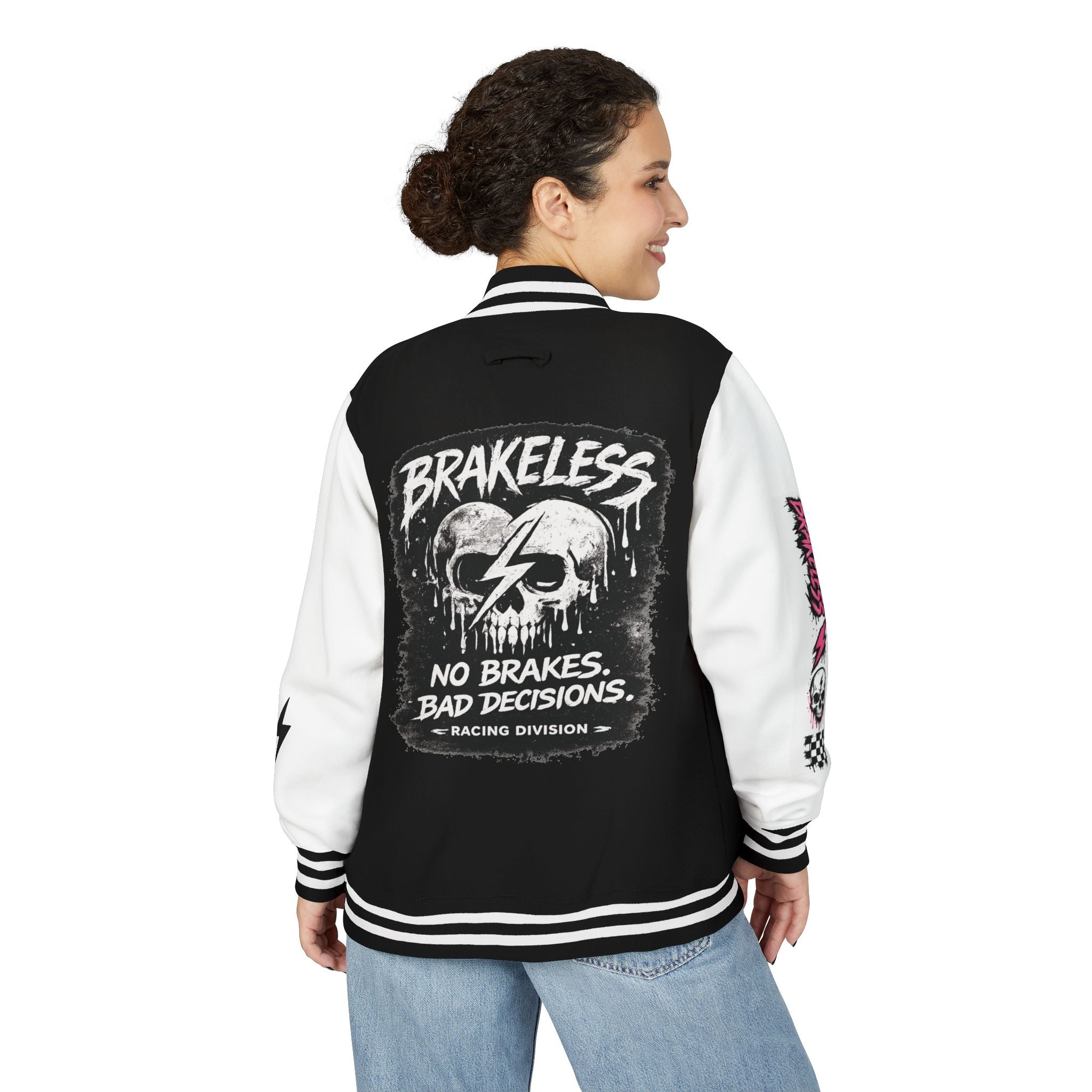 Letterman Jacket — Brakeless Skull “No Brakes. Bad Decisions.” Racing Varsity Jacket