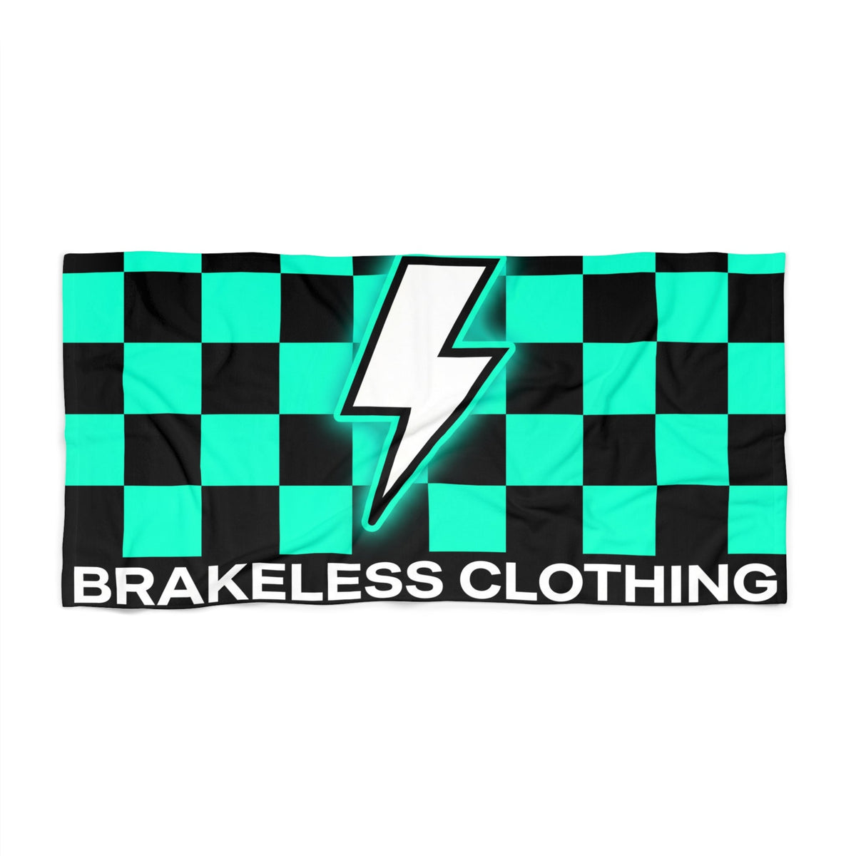 Beach Towel — Teal Checkered Lightning Bolt "Brakeless Clothing" - Home Decor - BRAKELESS