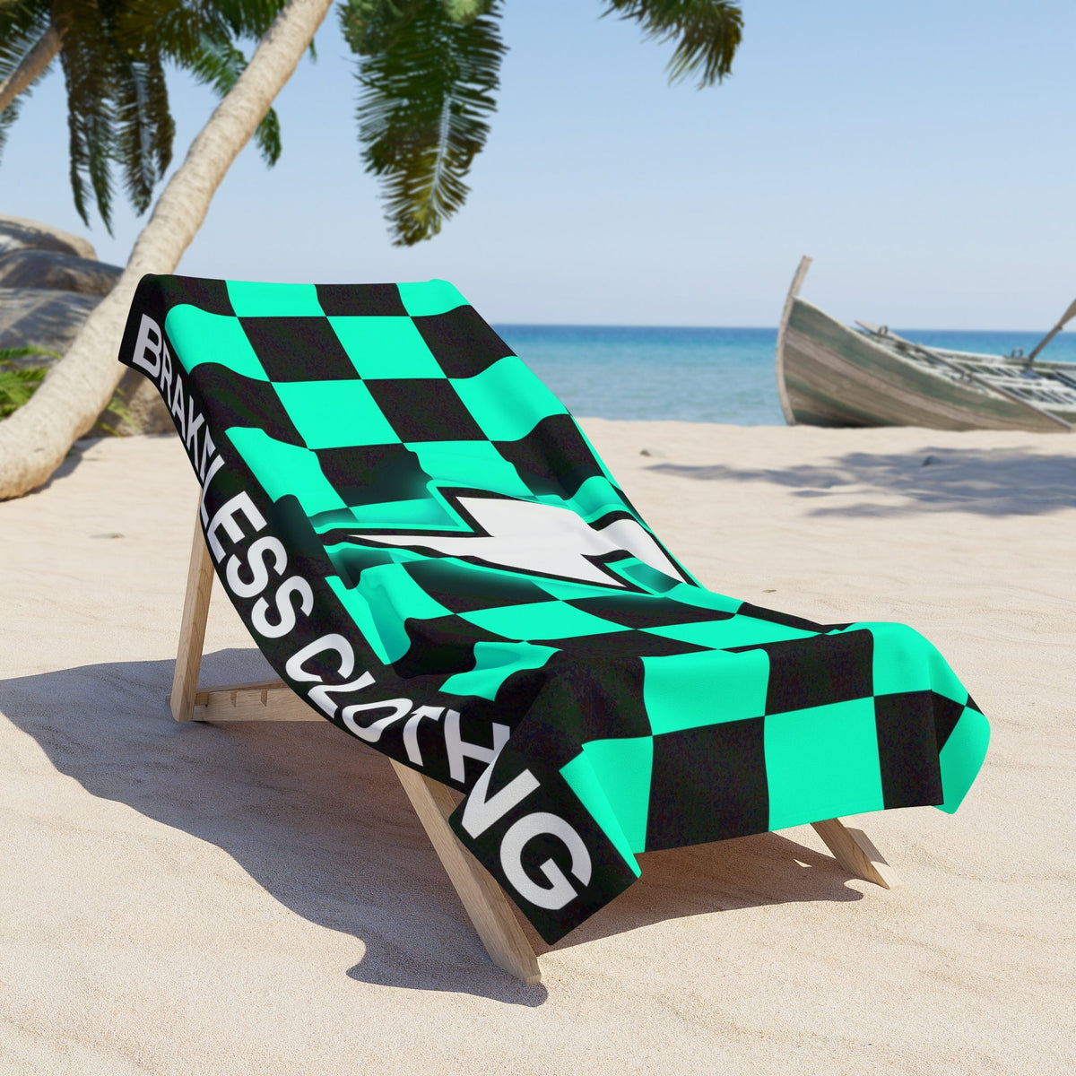 Beach Towel — Teal Checkered Lightning Bolt "Brakeless Clothing" - Home Decor - BRAKELESS