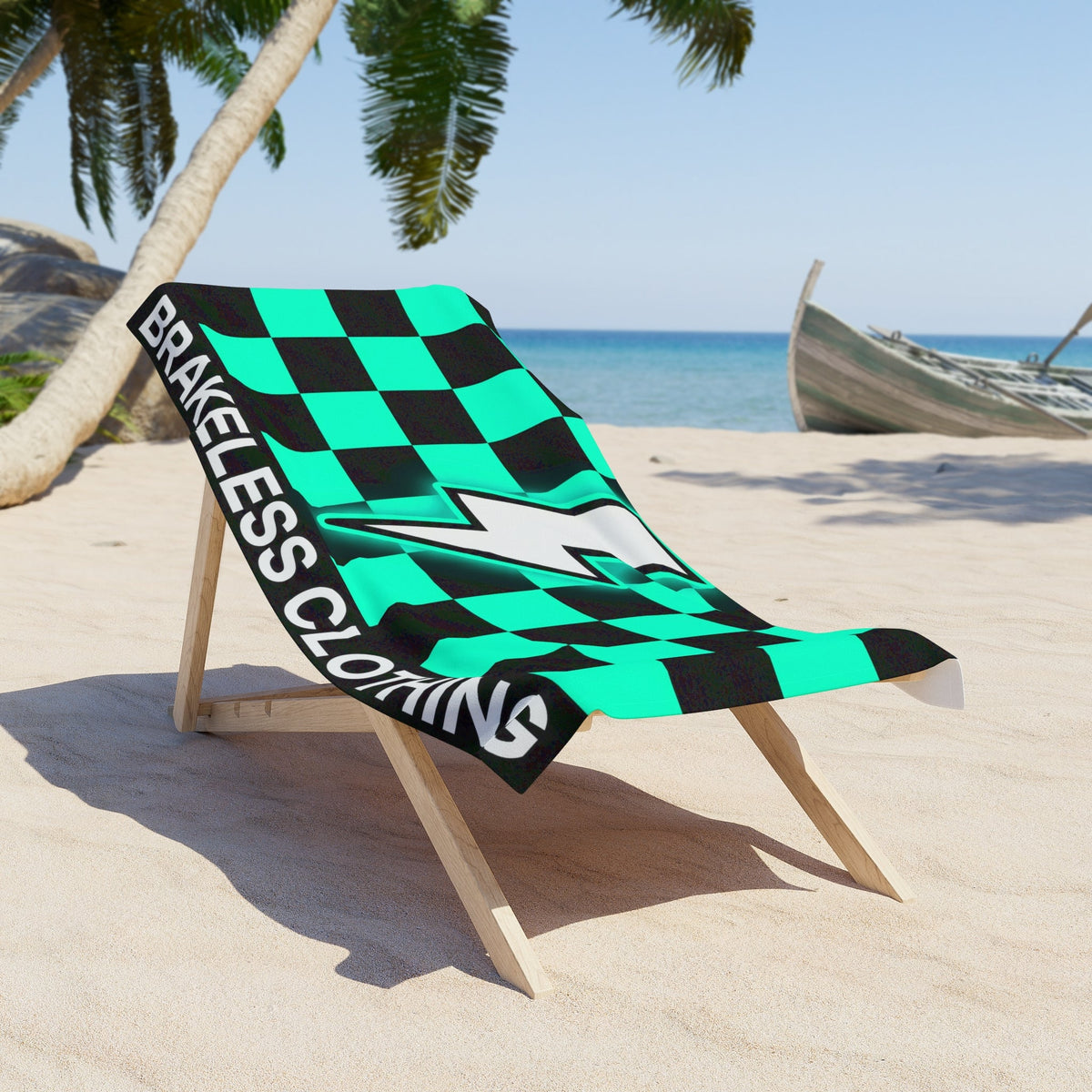 Beach Towel — Teal Checkered Lightning Bolt "Brakeless Clothing" - Home Decor - BRAKELESS