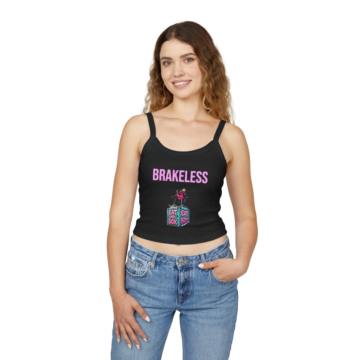 Brakeless Crop Tank — 'Brakeless' Graphic Spaghetti Strap Tank Top with Eat My Box Design - Tank Top - BRAKELESS