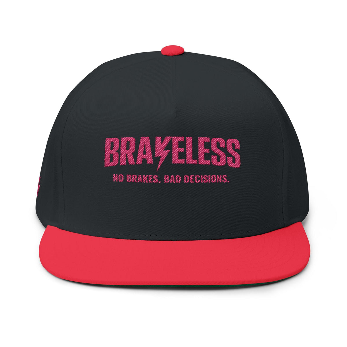 Brakeless Embroidered Flat Bill Cap — 'No Brakes, Bad Decisions' - Hats - BRAKELESS