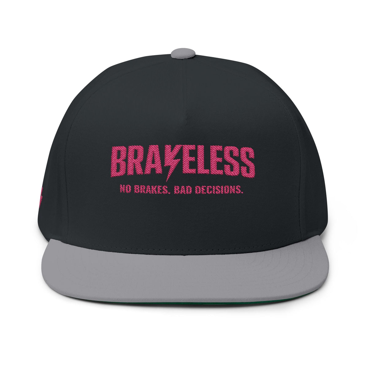 Brakeless Embroidered Flat Bill Cap — 'No Brakes, Bad Decisions' - Hats - BRAKELESS