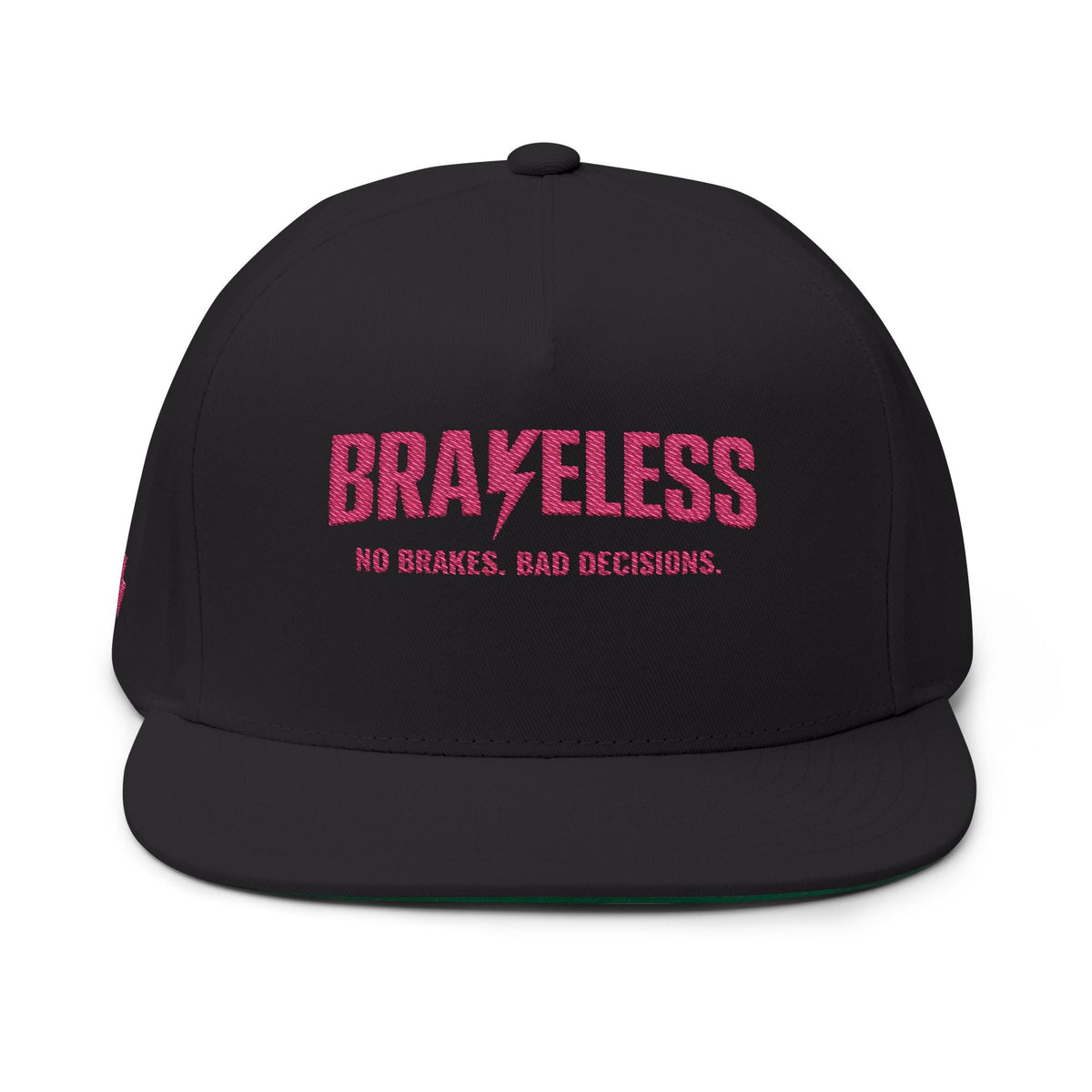 Brakeless Embroidered Flat Bill Cap — 'No Brakes, Bad Decisions' - Hats - BRAKELESS