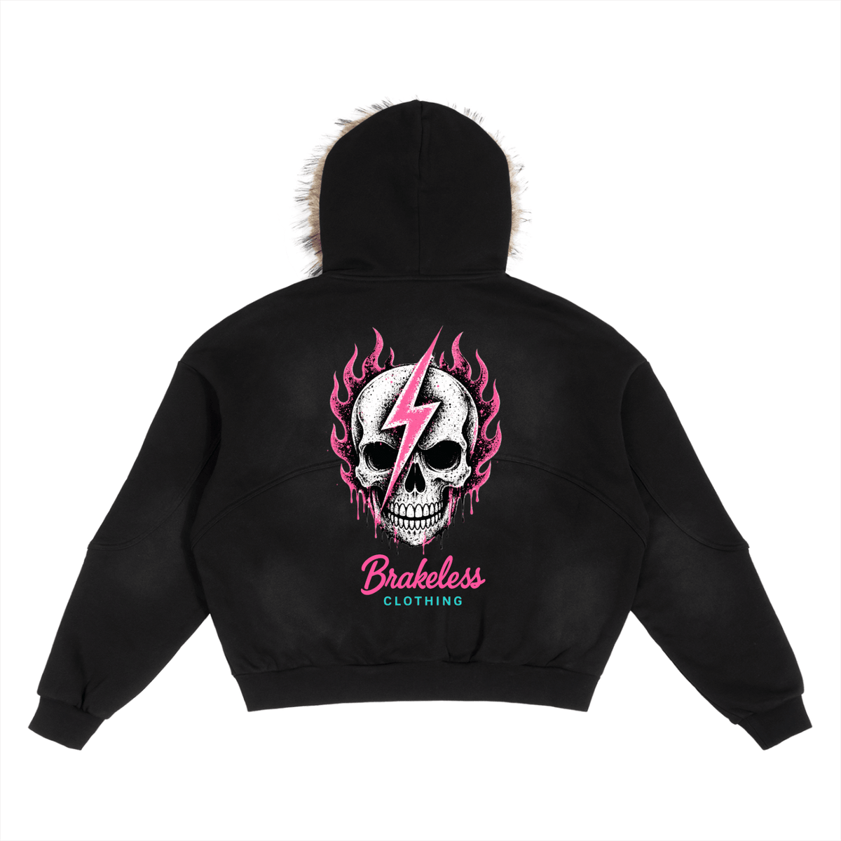BRAKELESS PINK SKULL Boxy Detachable Fur Hoodie - Outerwear - BRAKELESS